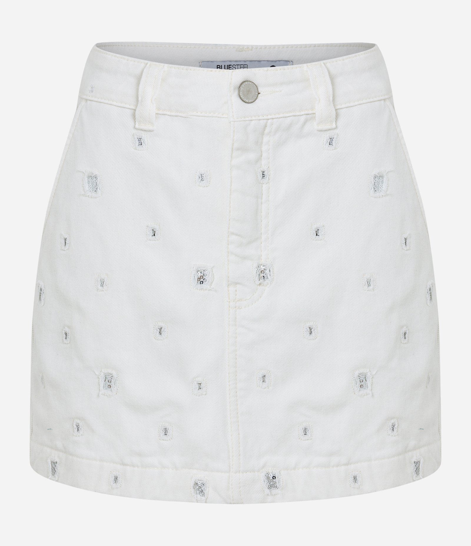 Saia Curta em Sarja com Puídos e Paetês Aplicados Branco 5