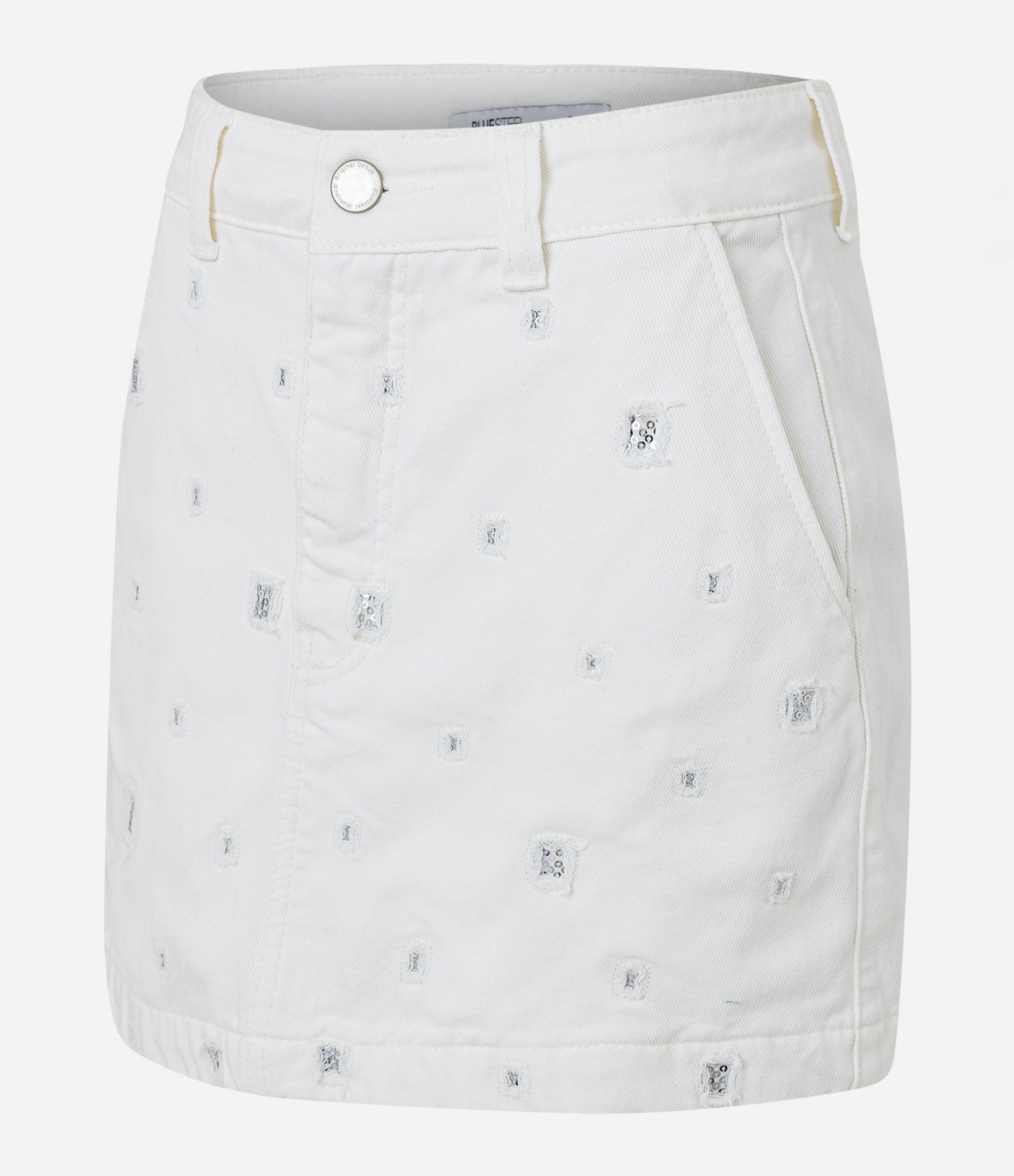 Saia Curta em Sarja com Puídos e Paetês Aplicados Branco 6
