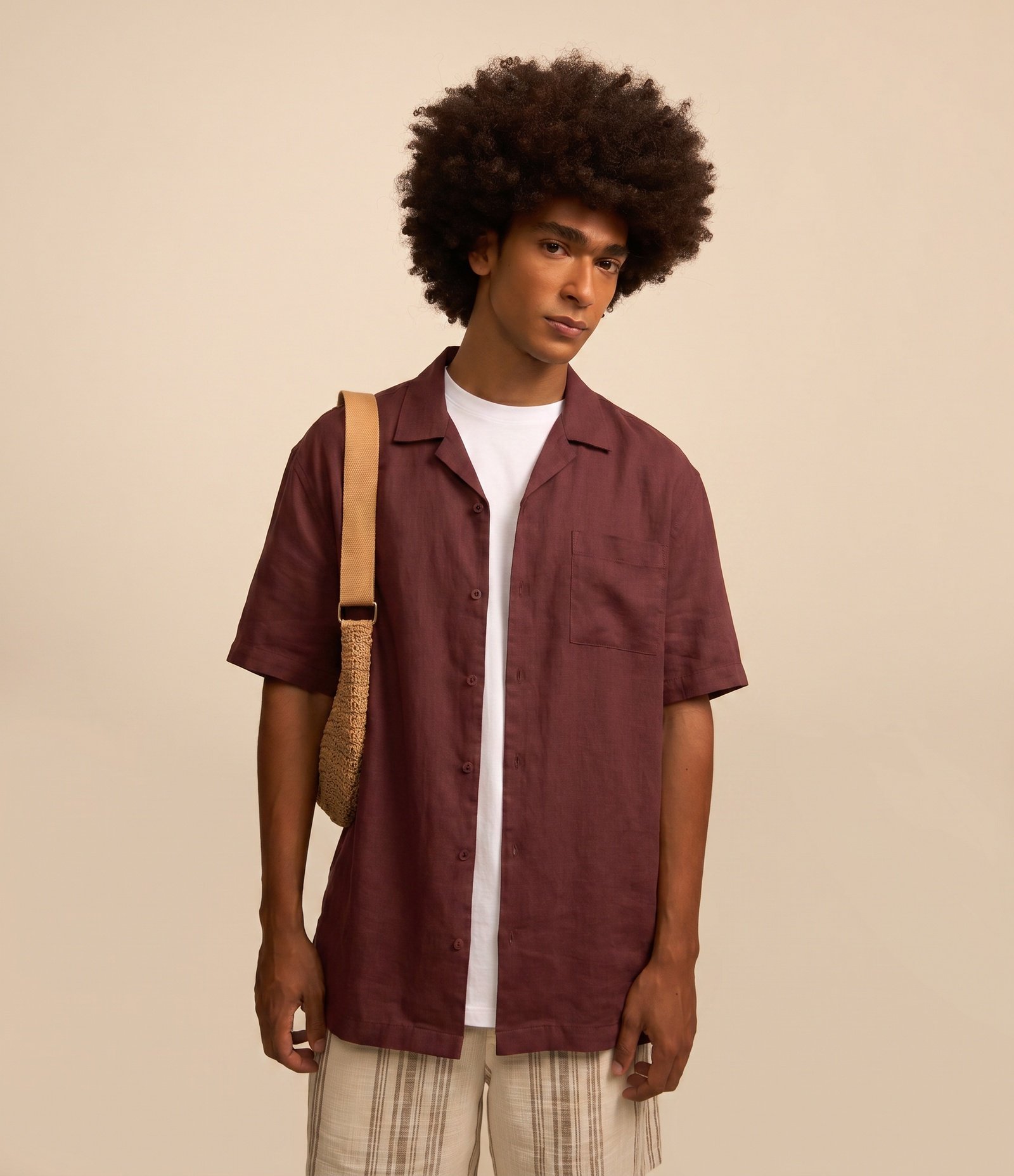 Camisa Relaxed em Tricoline com Textura Bowling Marrom Terra 1