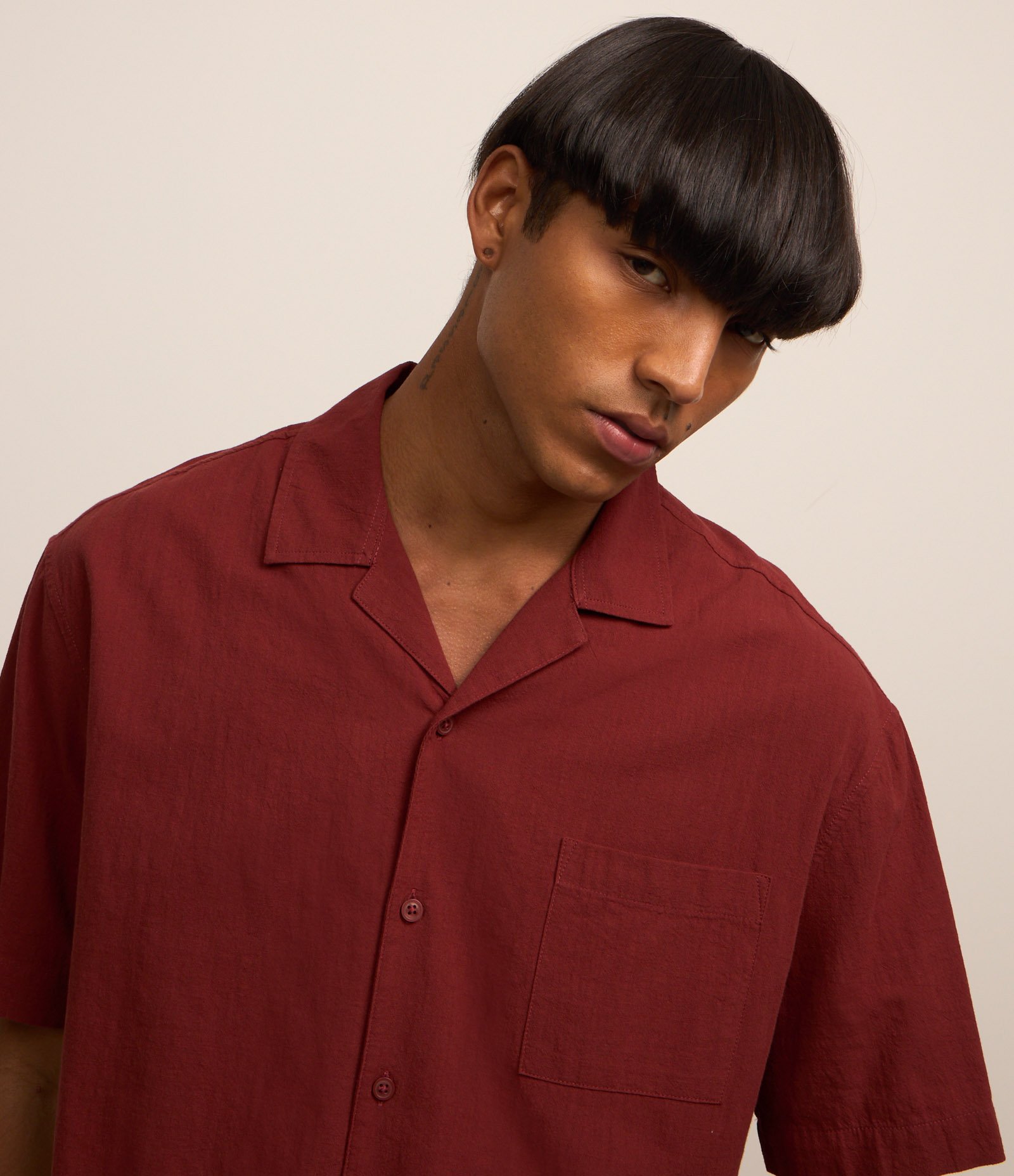 Camisa Relaxed em Tricoline com Textura Bowling Marrom Terra 3