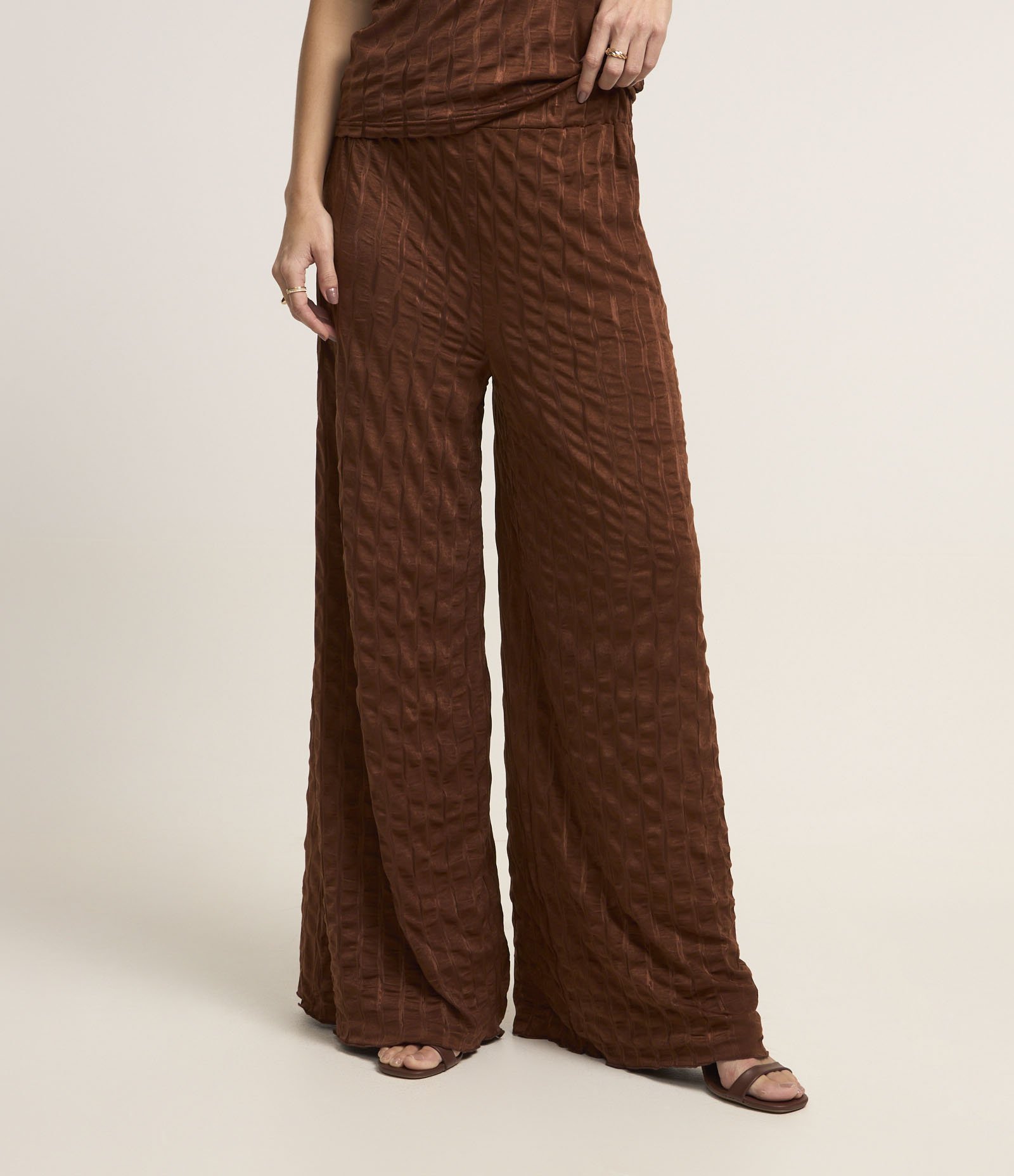 Calça Wide Leg Cintura Alta Texturizada com Elástico no Cós Marrom 3