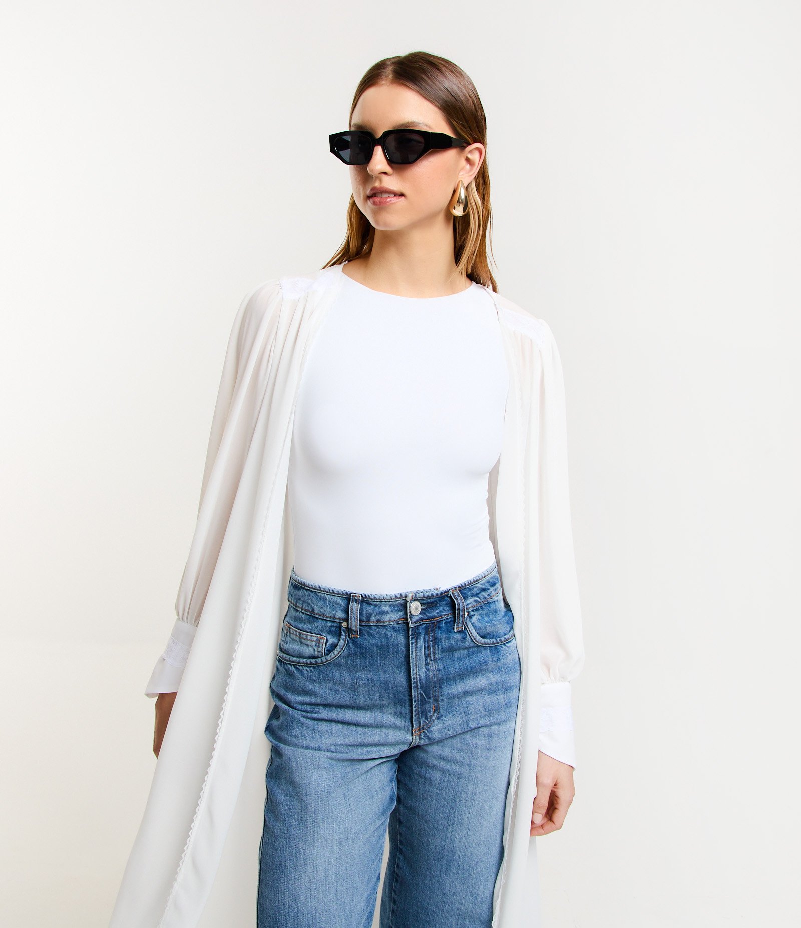 Camisa Super Alongada em Crepe com Texturas e Transparência Branco 1