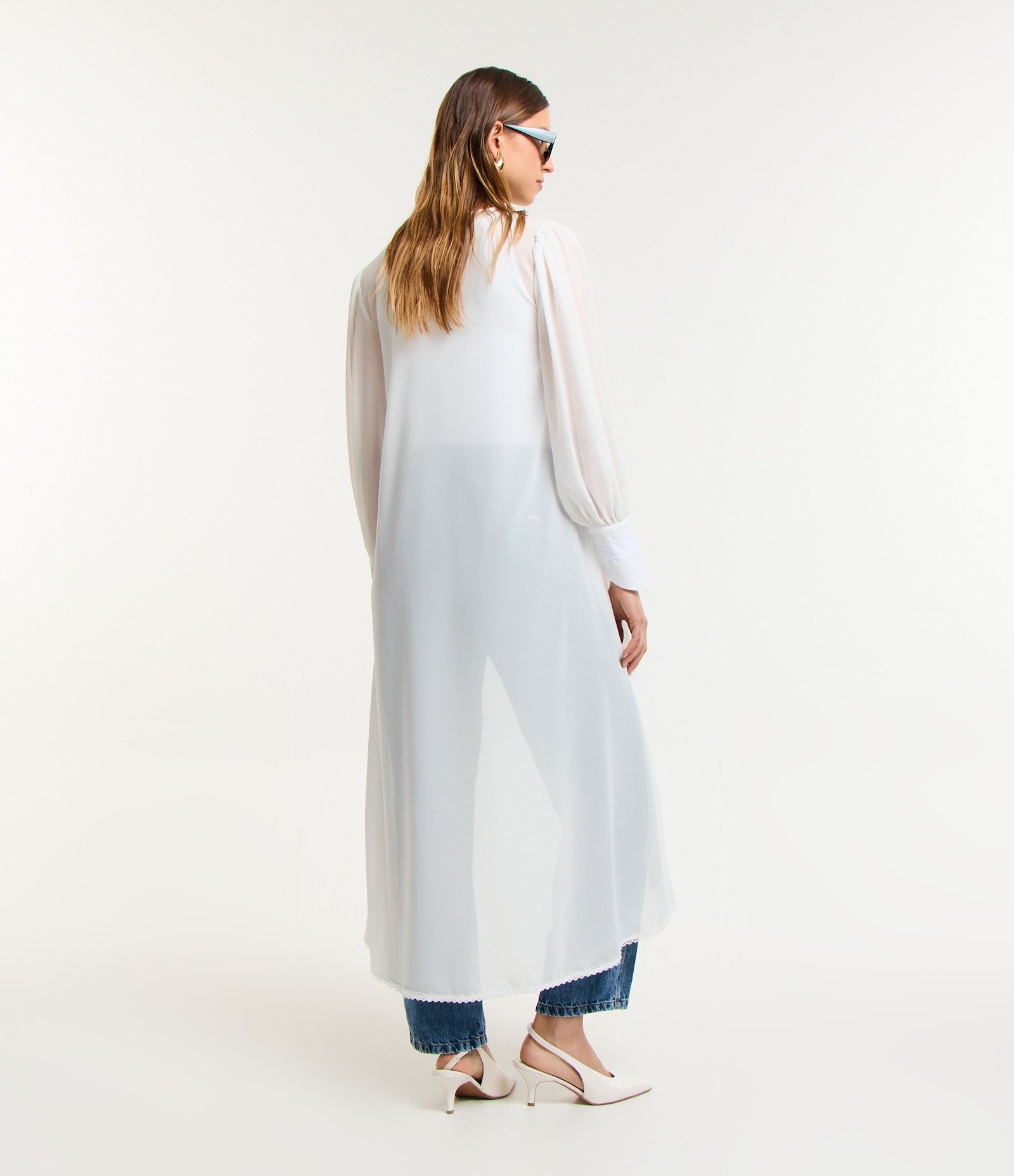 Camisa Super Alongada em Crepe com Texturas e Transparência Branco 3