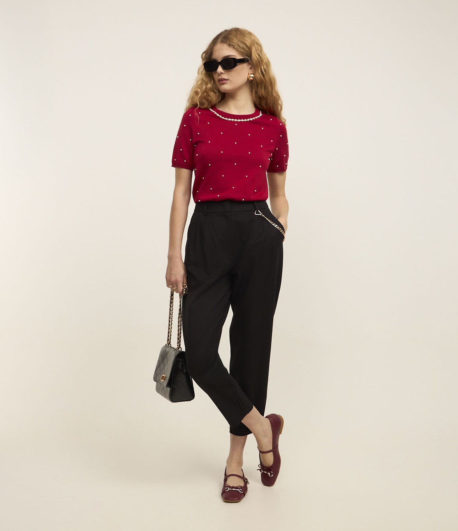 Blusa em Tricô com Aplicação de Pérolas e Strass Vermelho 2