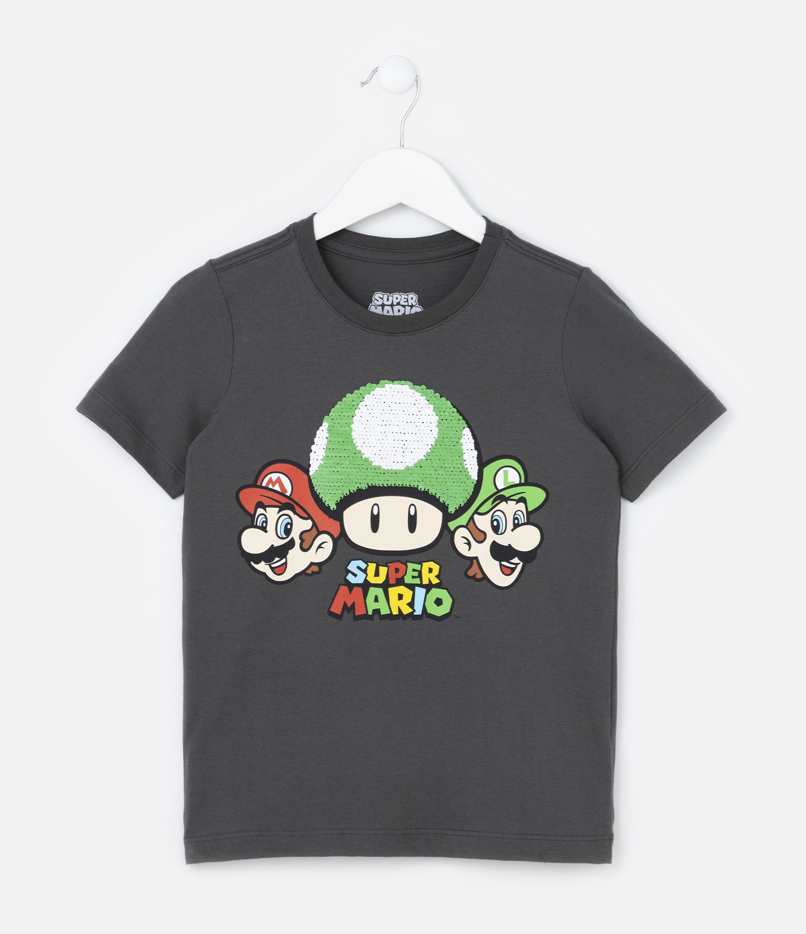 Camiseta Infantil com Bordado Super Mario - Tam 3 a 8 Anos Cinza 1