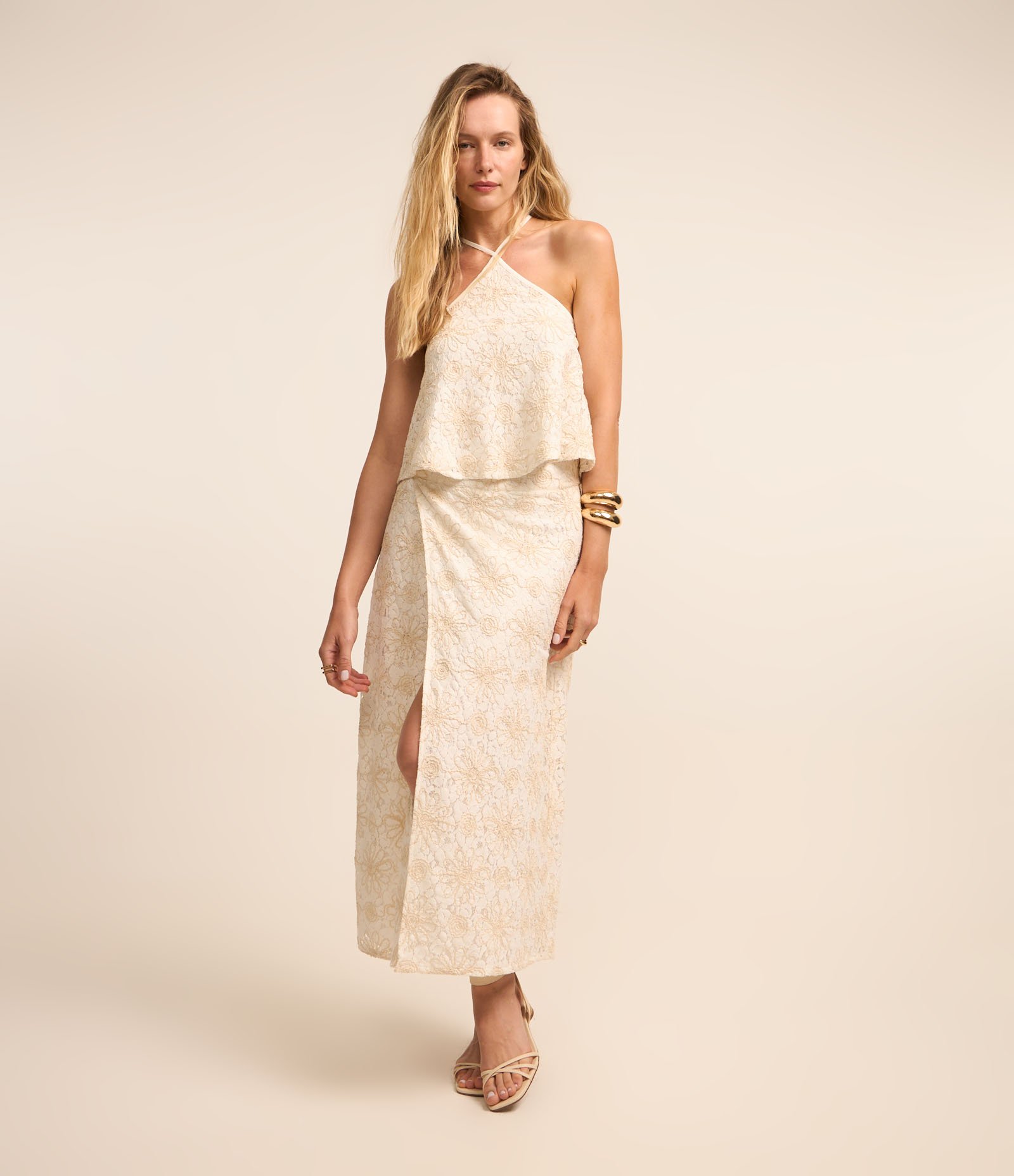 Saia Longa em Algodão Texturizado com Renda Floral Off White 1