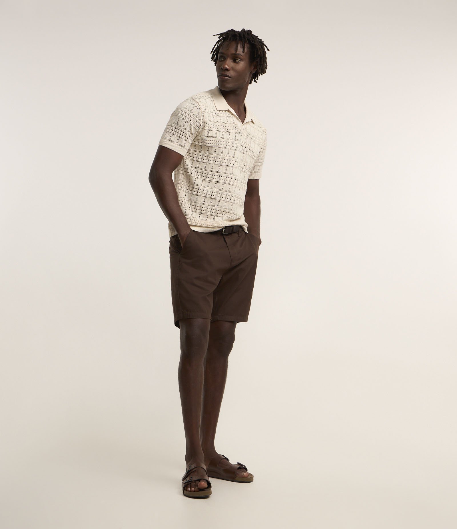 Camiseta Polo com Textura Patchwork e Gola em V Bege 2