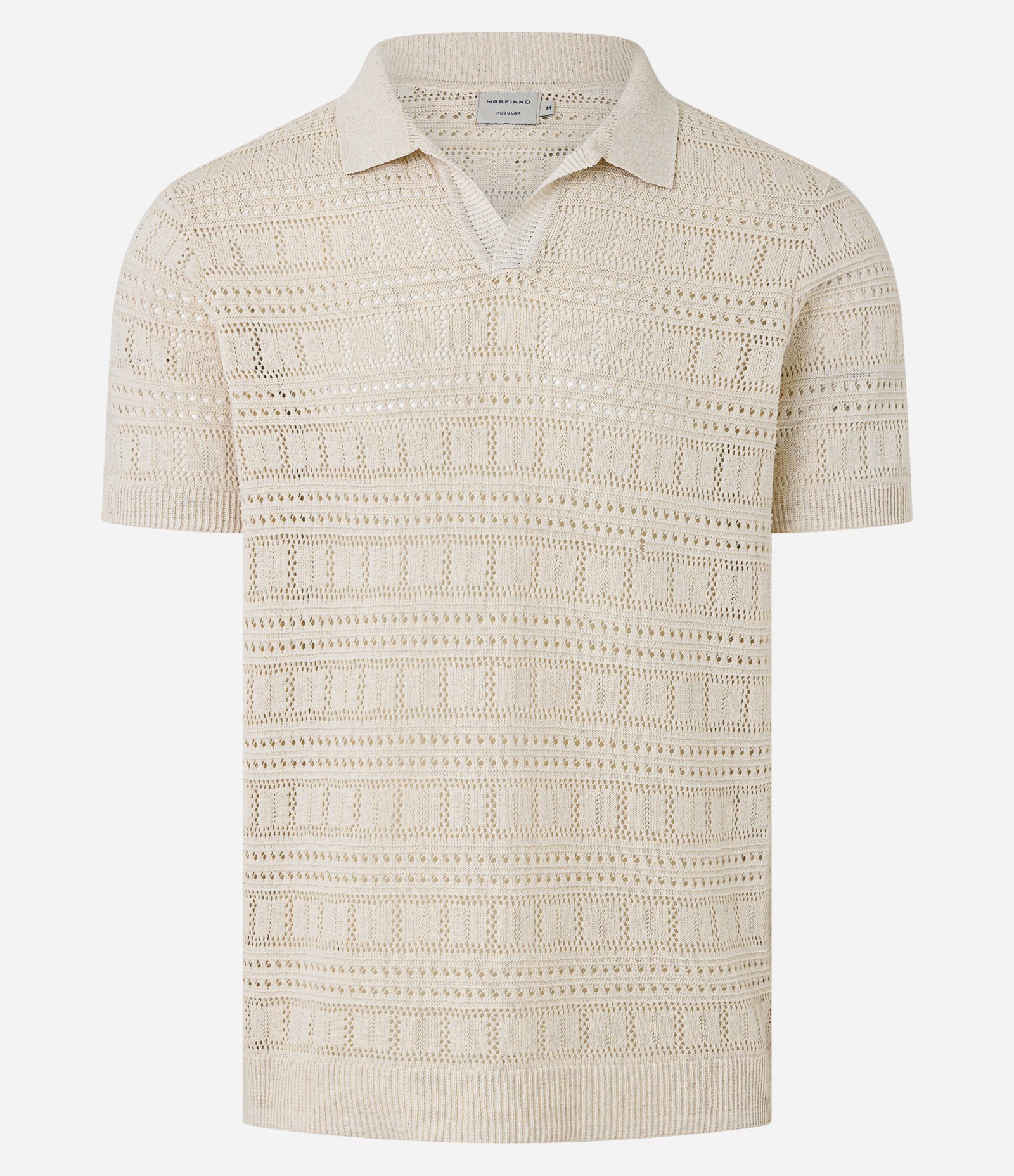 Camiseta Polo com Textura Patchwork e Gola em V Bege 5