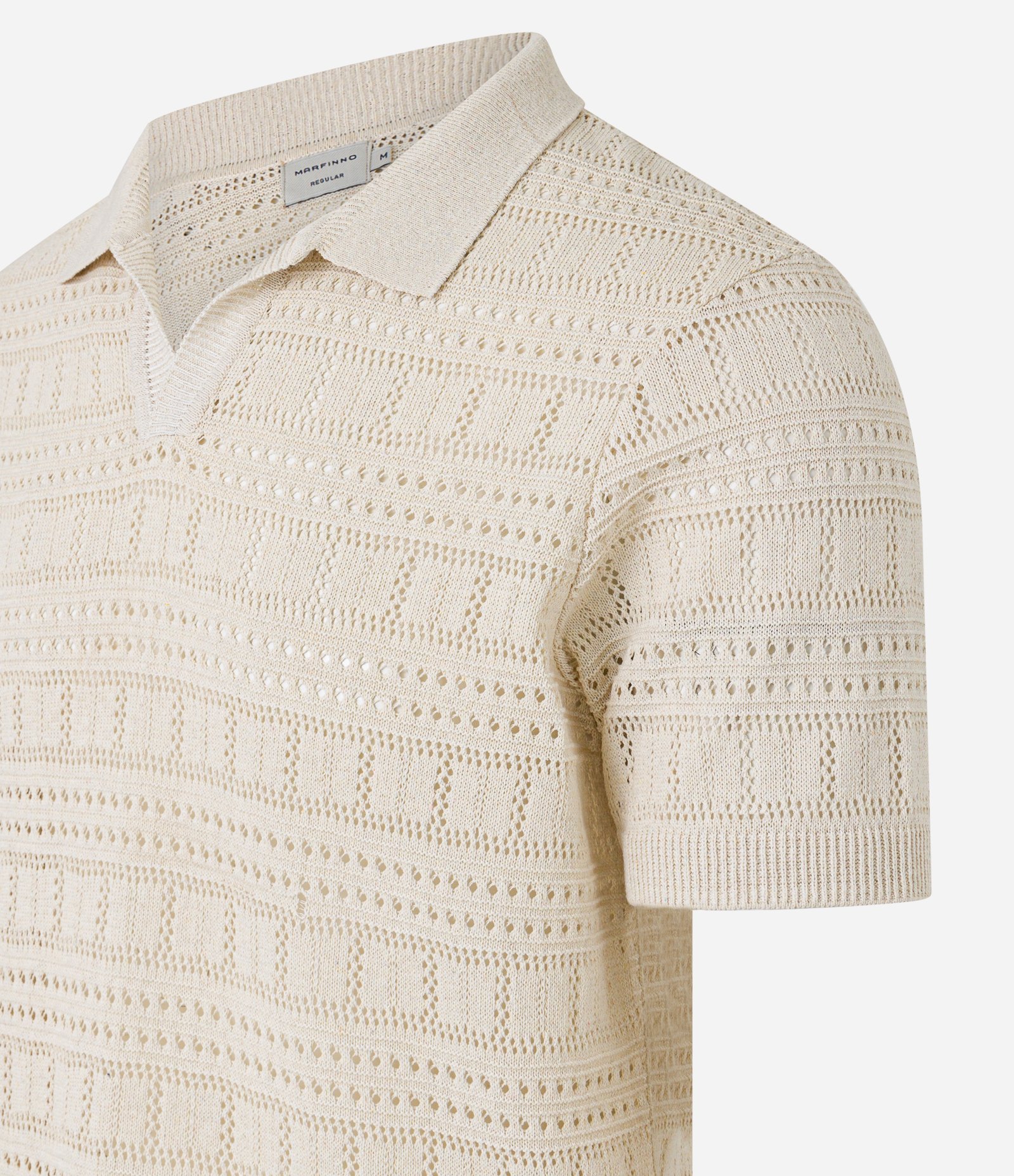 Camiseta Polo com Textura Patchwork e Gola em V Bege 6