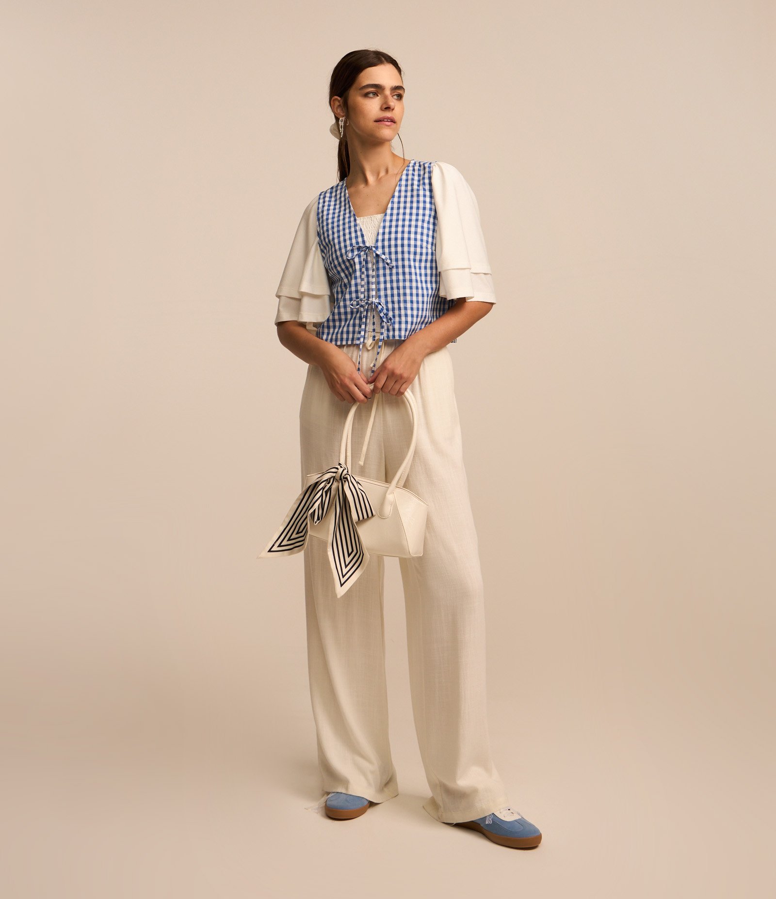 Calça Fluída em Viscose e Linho com Amarração no Cós Off White 1