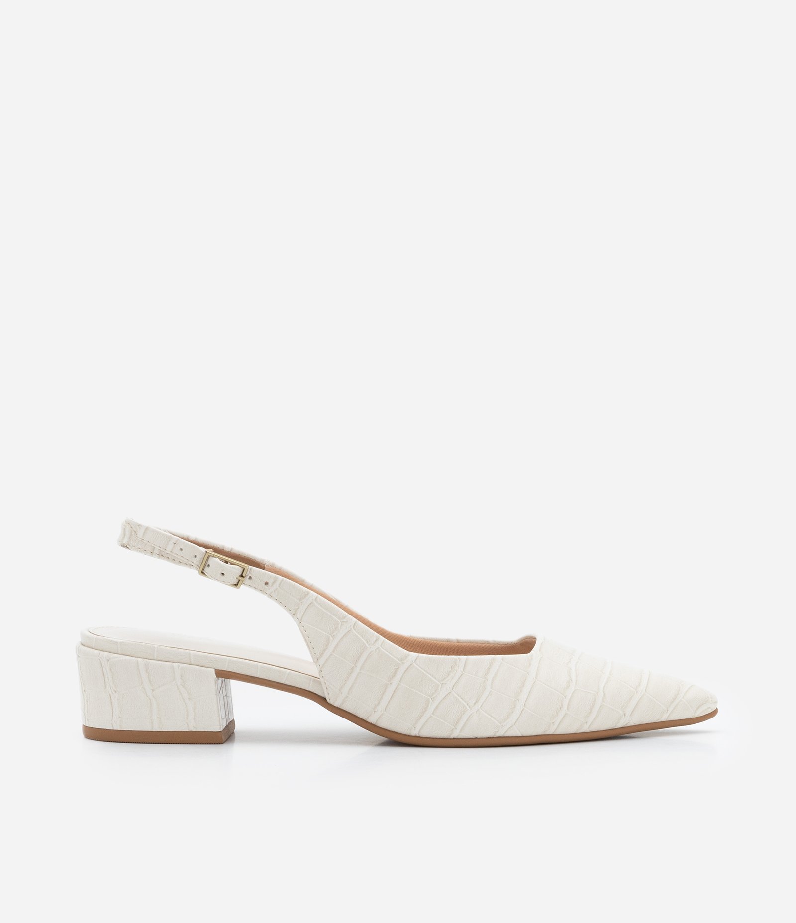 Sapato Scarpin Slingback em PU com Estampa Croco Off White 1