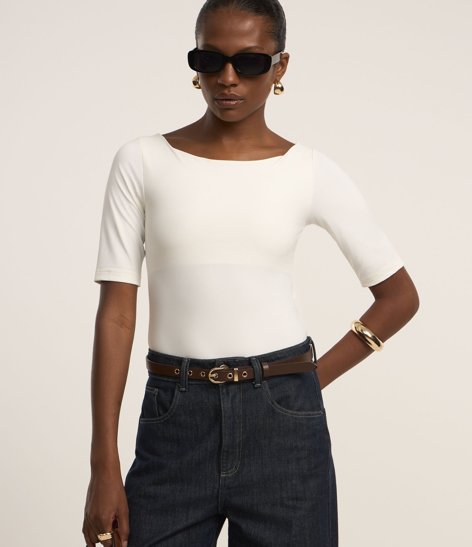 Body em Poliamida com Decote Canoa e Manga 3/4 Branco Neve 1