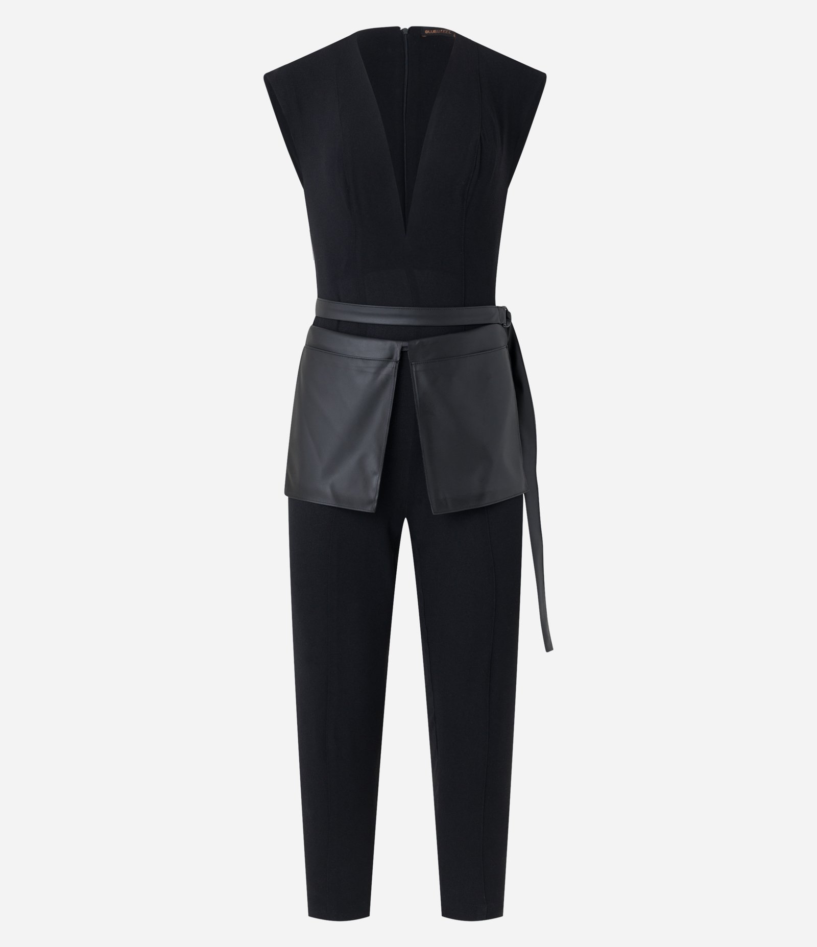 Macacão em Crepe com Decote Profundo e Cinto com Bolsos Preto 5