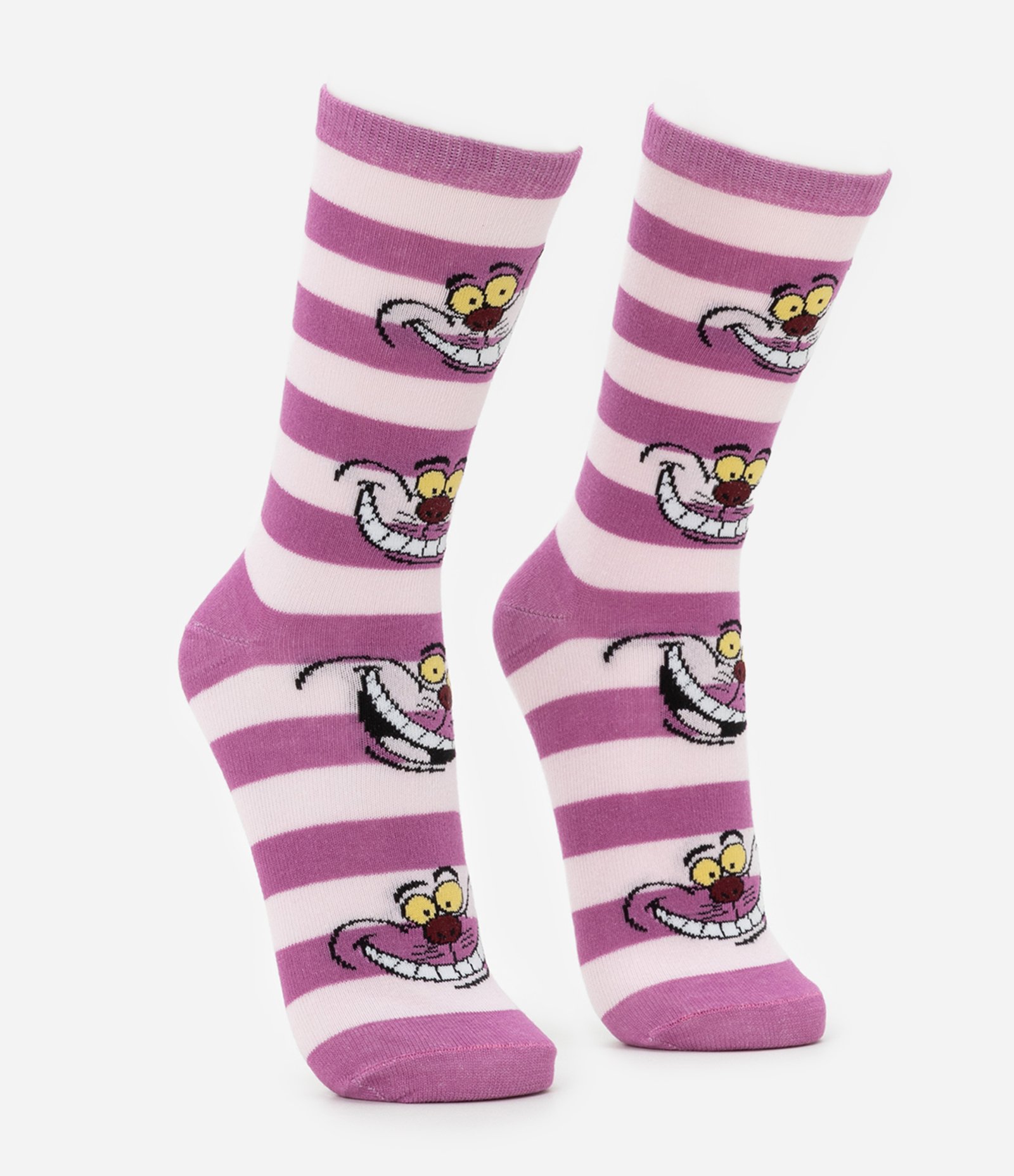 Meia Cano Alto Listrada com o Gato da Alice no Pais das Maravilhas Rosa 2