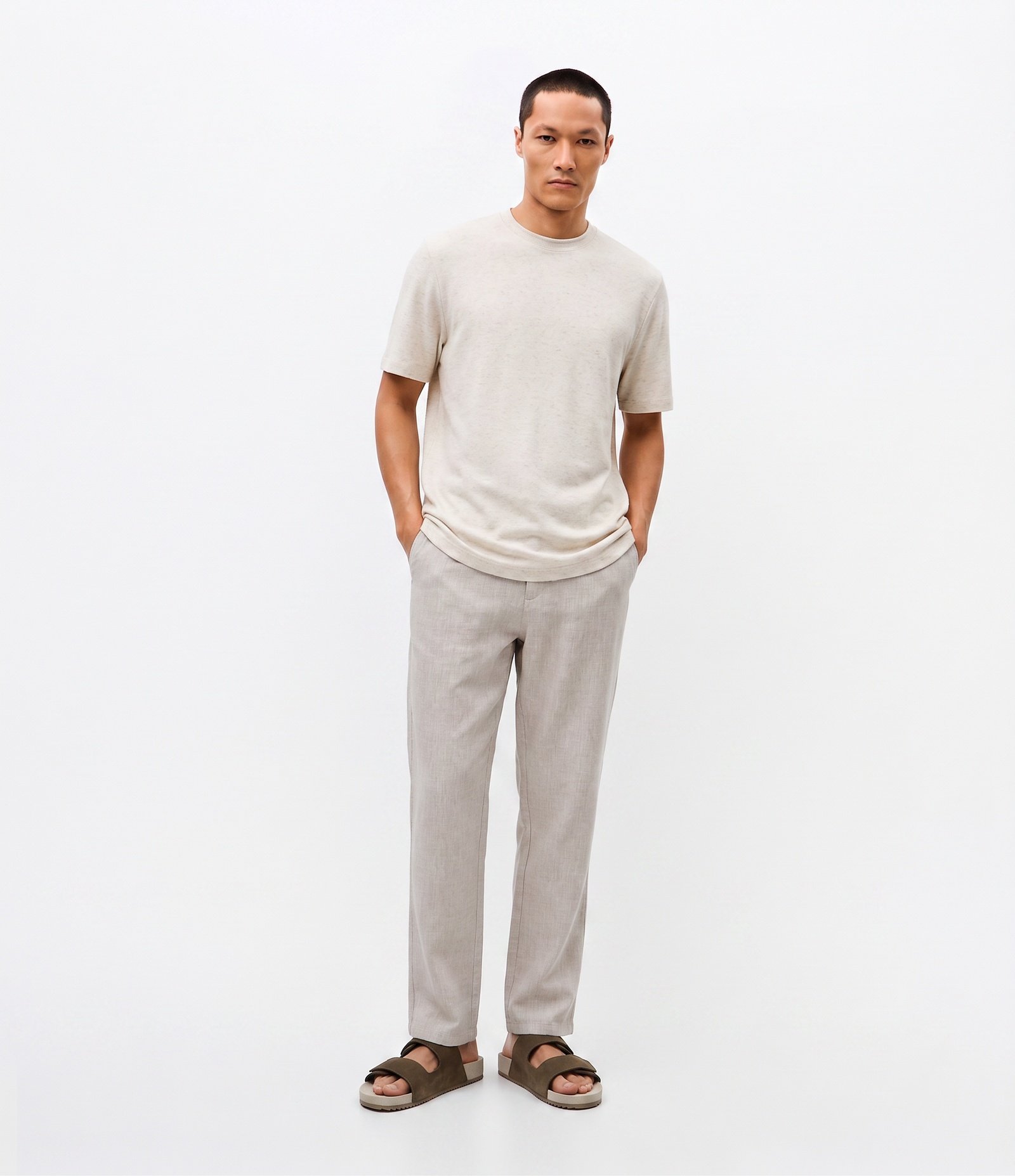 Camiseta Regular em Algodão com Textura Bege 3