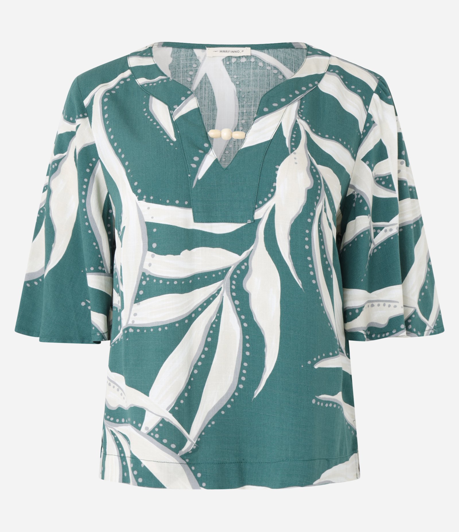 Blusa em Viscose Decote em V com Aviamento e Estampa Folhagem Verde/Branco 1