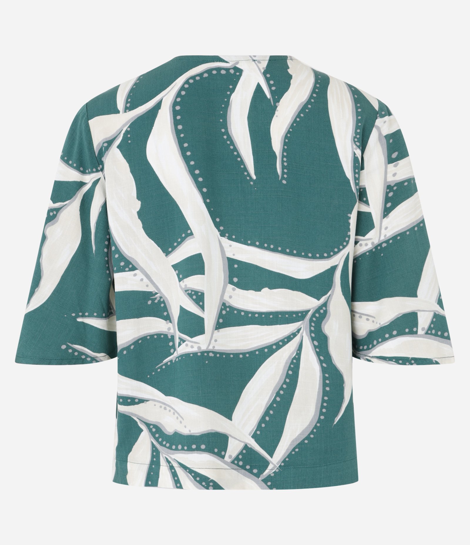 Blusa em Viscose Decote em V com Aviamento e Estampa Folhagem Verde/Branco 2