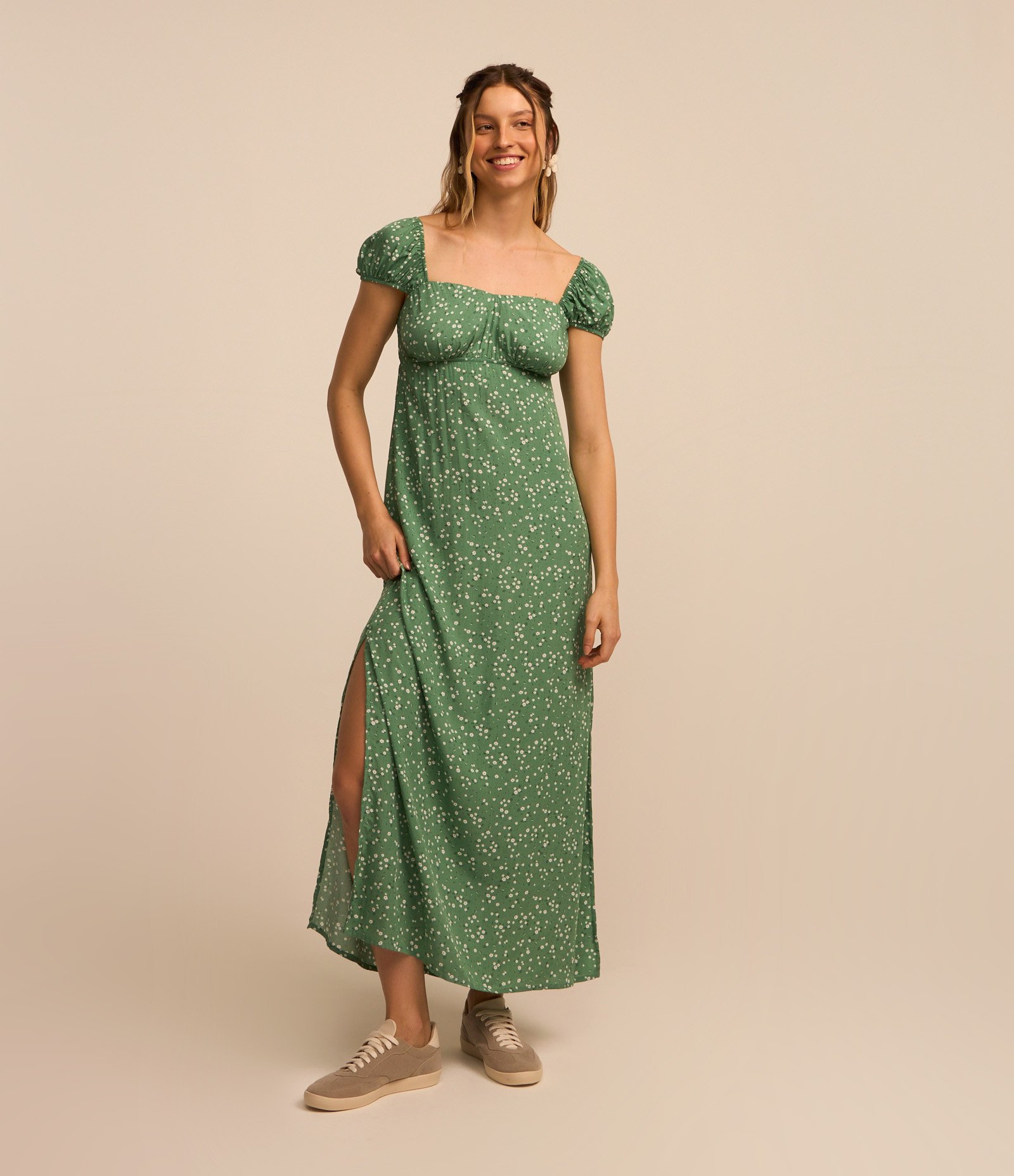 Vestido New Midi em Viscose Floral Liberty e Manga Bufante Verde 1