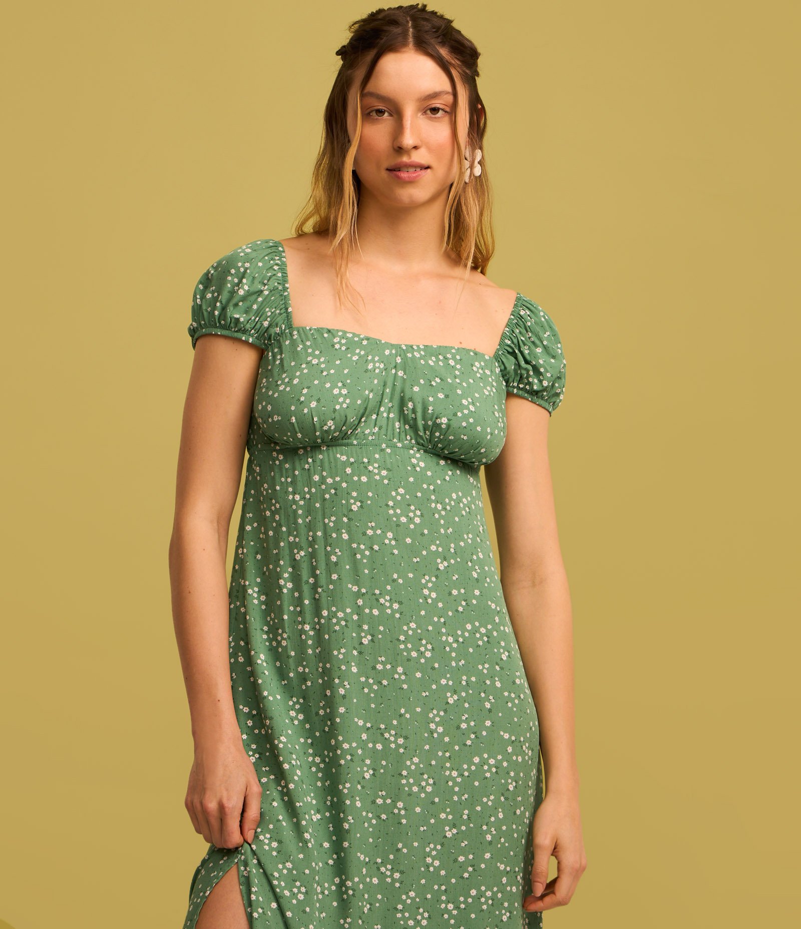Vestido New Midi em Viscose Floral Liberty e Manga Bufante Verde 2