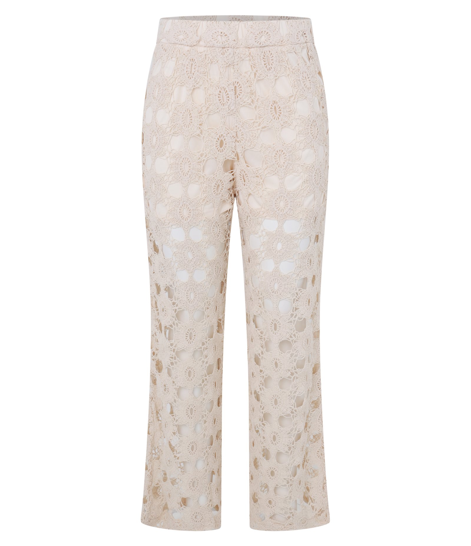 Calça Reta Cintura Alta com Efeito Crochê Bege 1