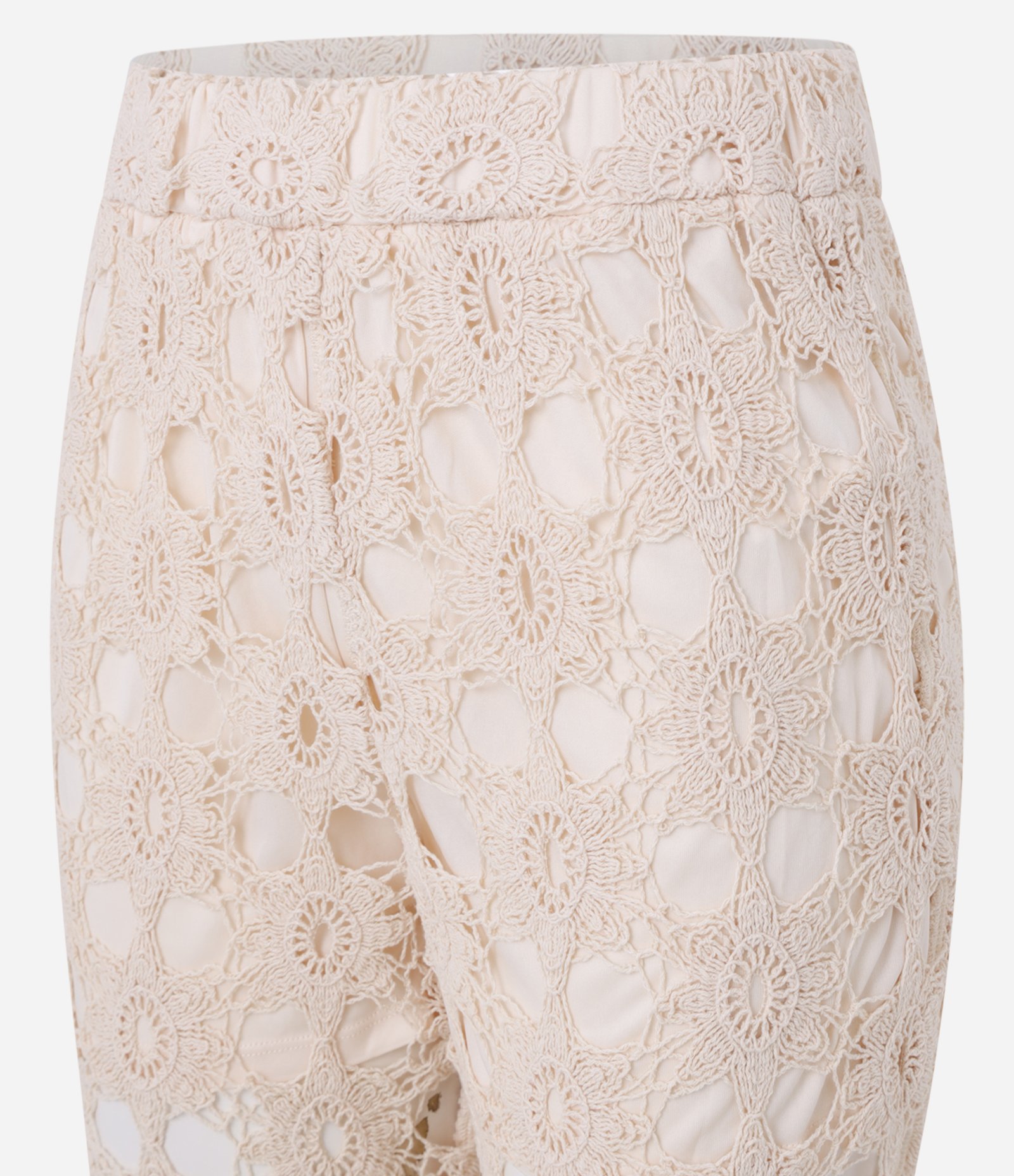 Calça Reta Cintura Alta com Efeito Crochê Bege 2