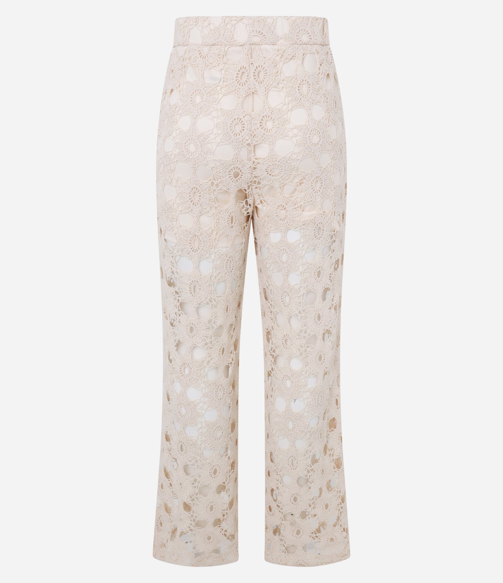 Calça Reta Cintura Alta com Efeito Crochê Bege 3