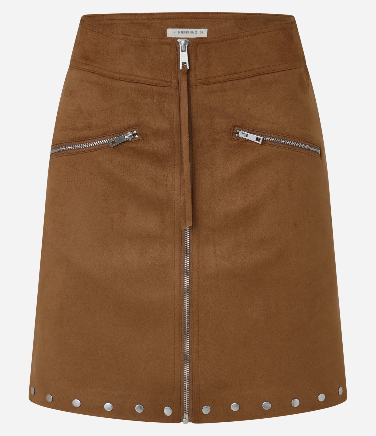 Saia Reta Cintura Alta em Suede com Zíper Frontal e Rebites na Barra Marrom 7