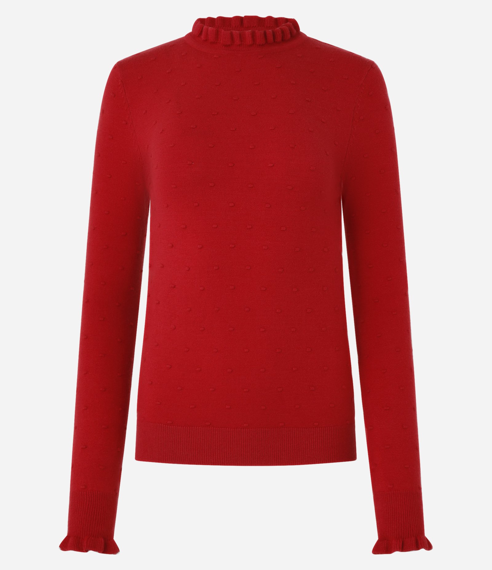 Suéter em Tricô com Frufru na Golinha Alta e Punho Vermelho 1