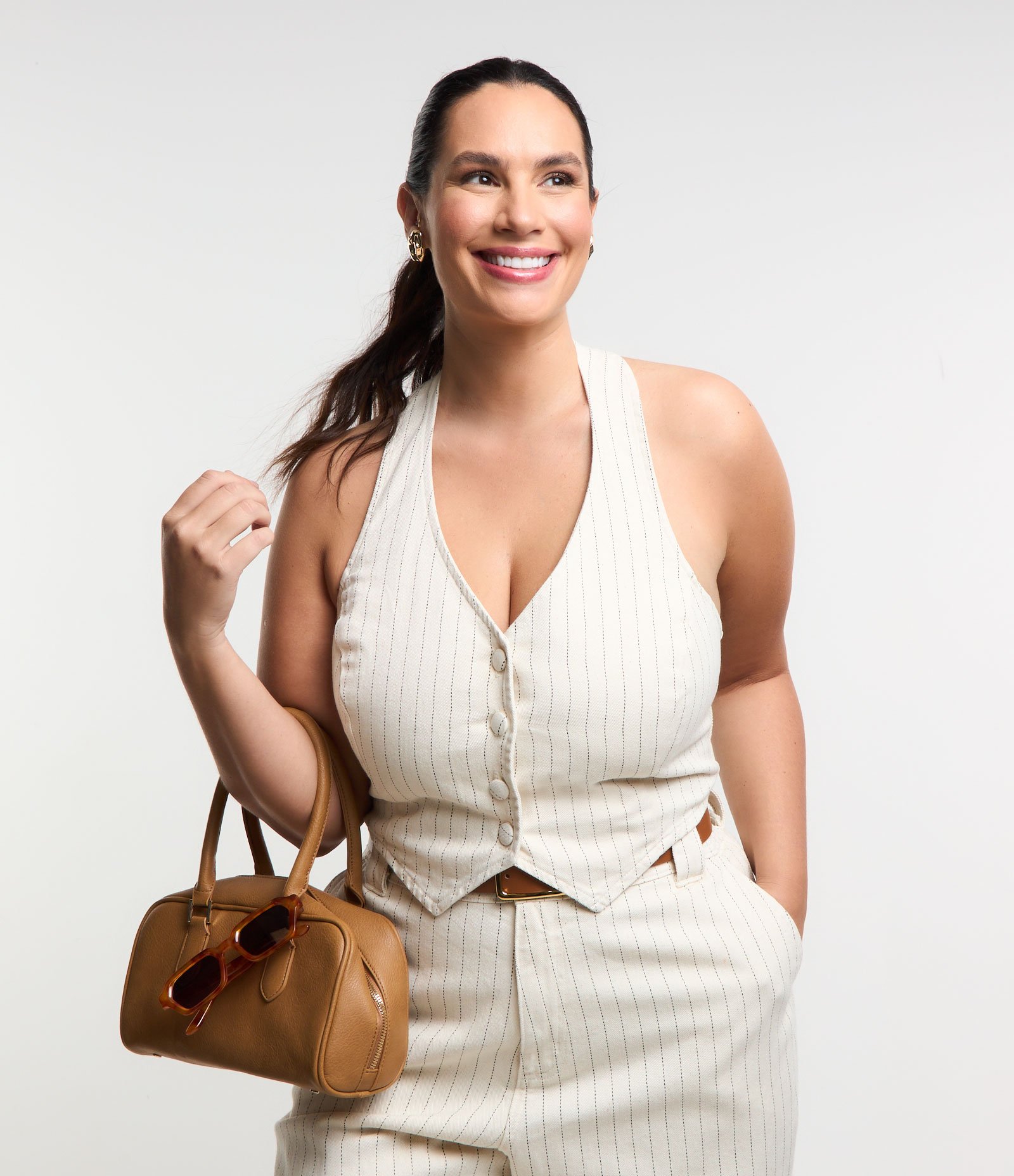 Colete Frente Única em Sarja Risca de Giz Curve & Plus Size Off White 1