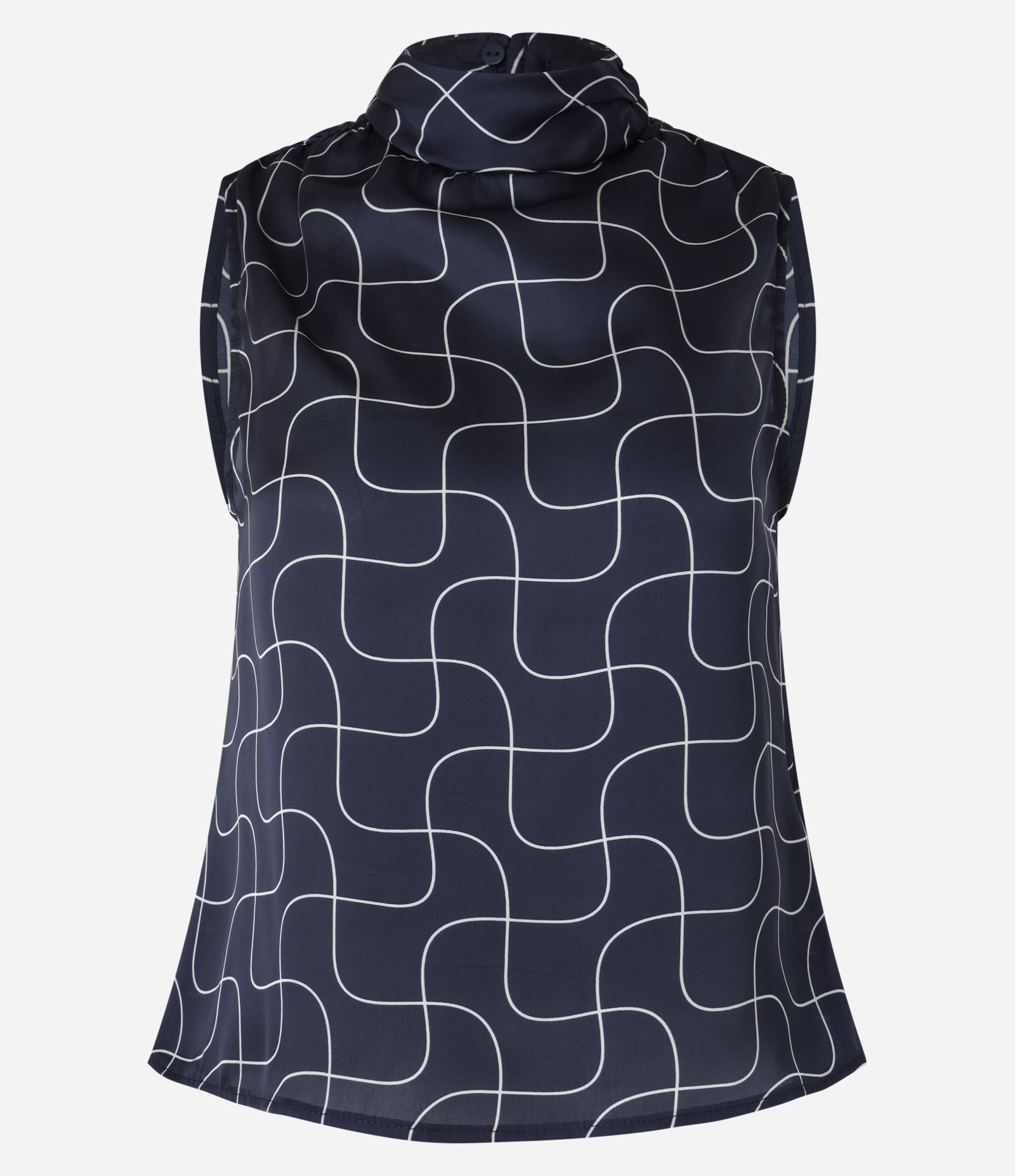 Blusa Acetinada Gola Alta com Detalhe Drapeado e Estampa Geométrica Azul 5