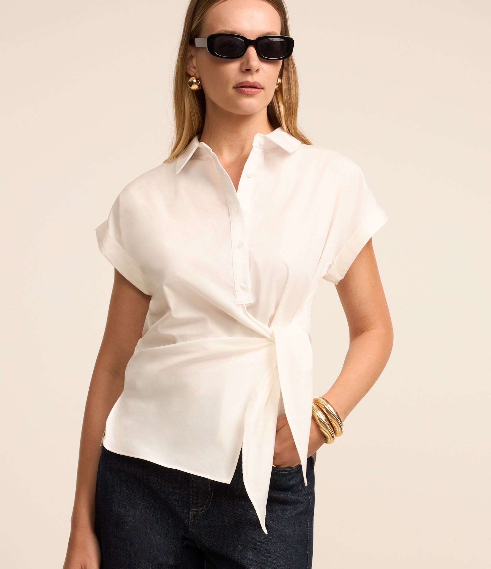 Camisa em Tricoline com Laço para Amarração Branco 1