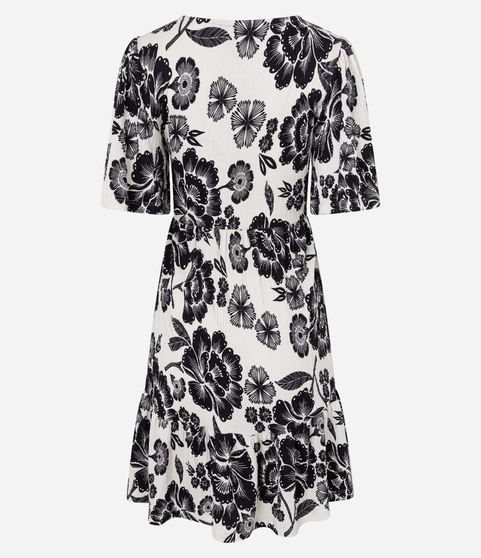 Vestido Curto Texturizado com Manga Godê e Estampa Floral Branco/Preto 5