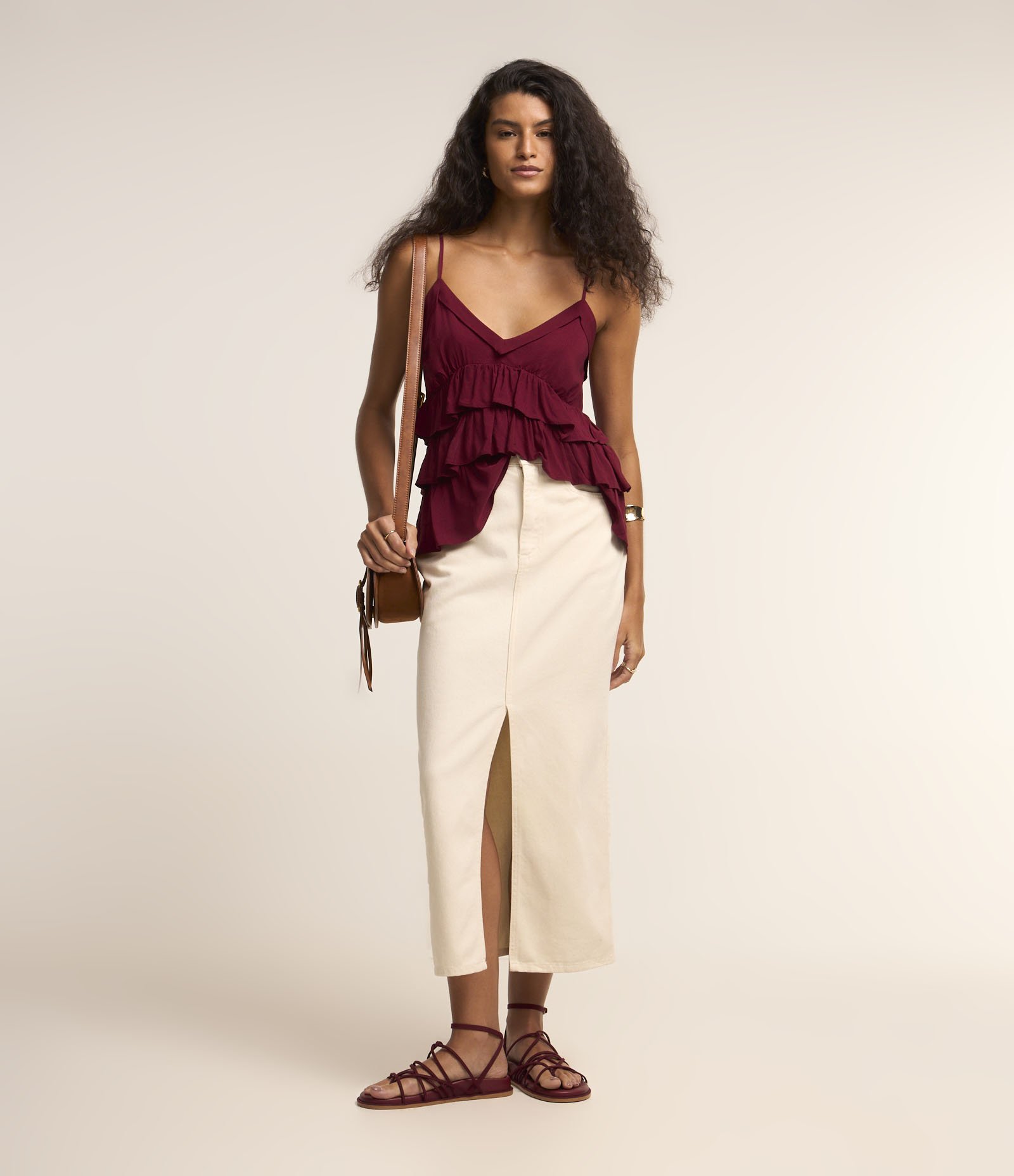 Saia New Midi em Sarja com Fenda Off White 1