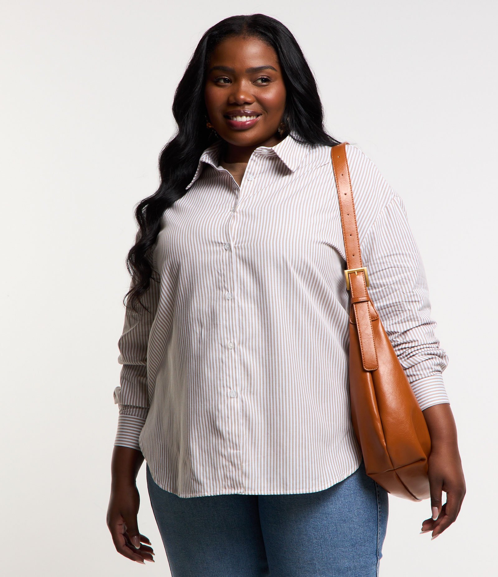 Camisa Alongada em Tricoline Listrado Curve & Plus Size Bege/Branco 1