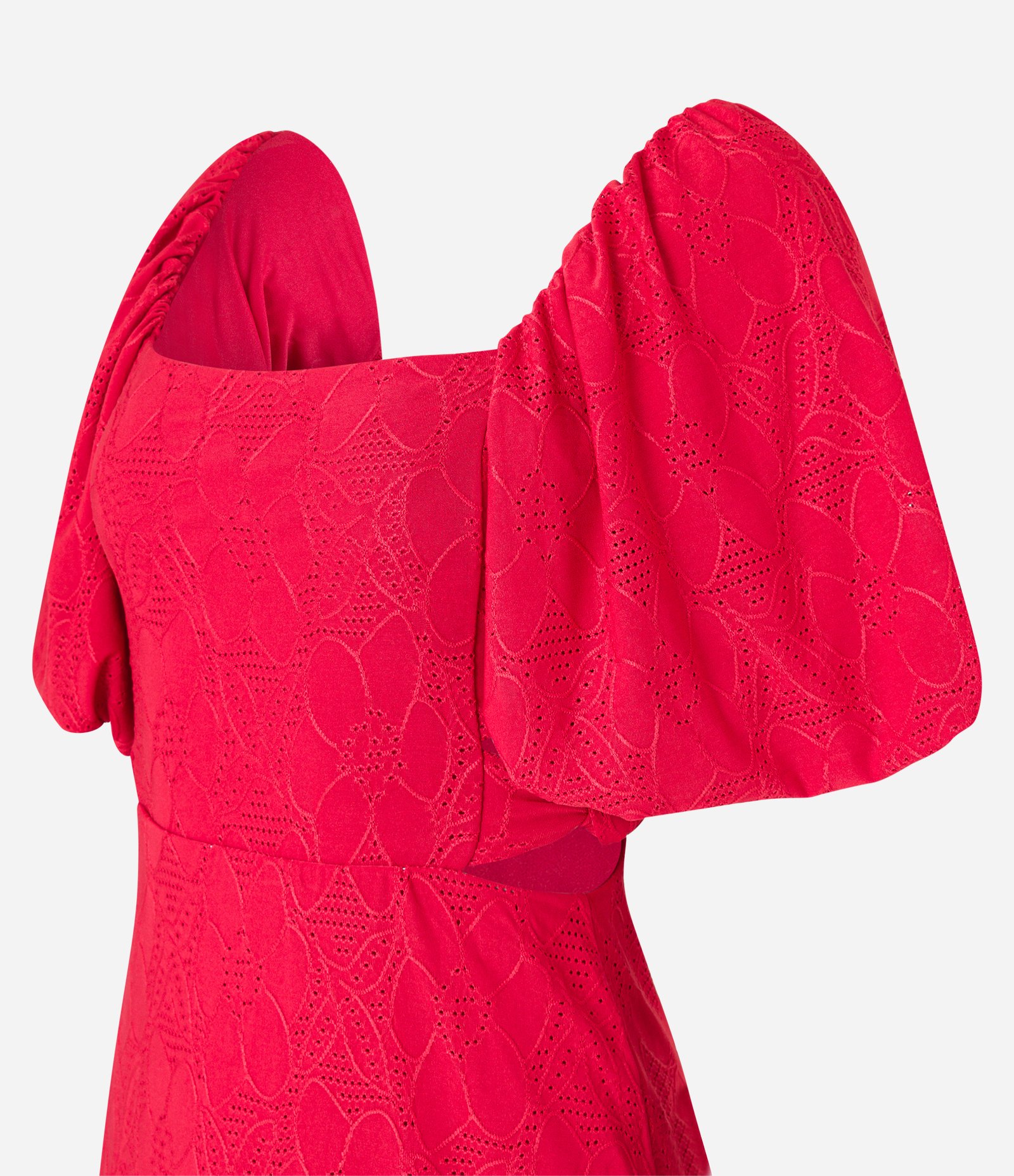 Vestido Evasê Manga Bufante em Laise com Flores Texturizadas Vermelho 6