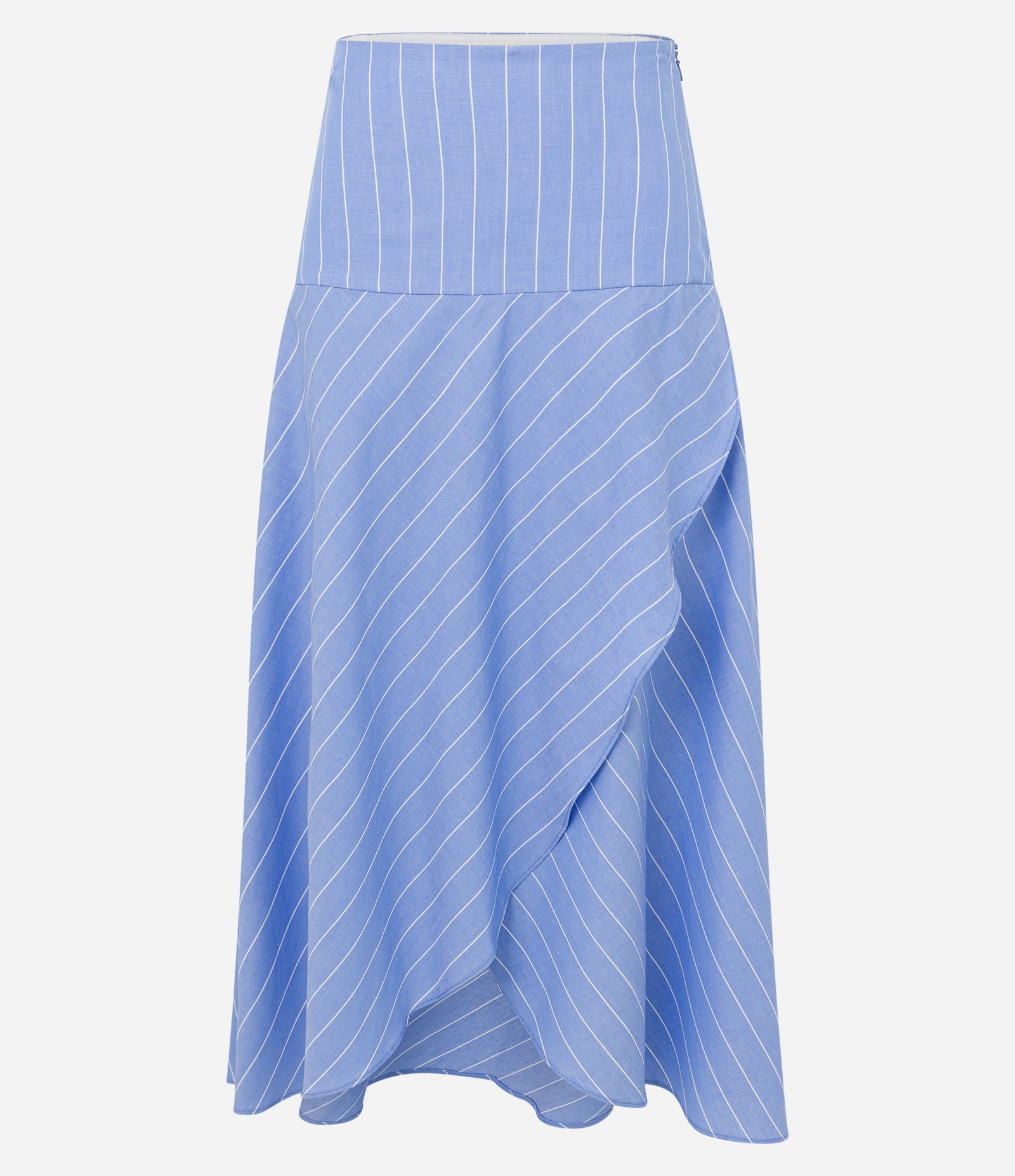 Saia Evasê Midi em Tricoline Listrado com Transpasse Tulipa Azul 5