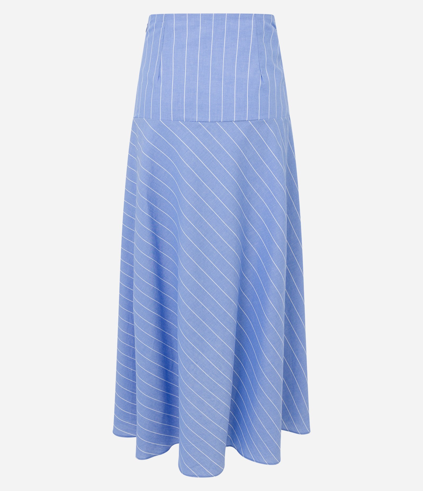 Saia Evasê Midi em Tricoline Listrado com Transpasse Tulipa Azul 6