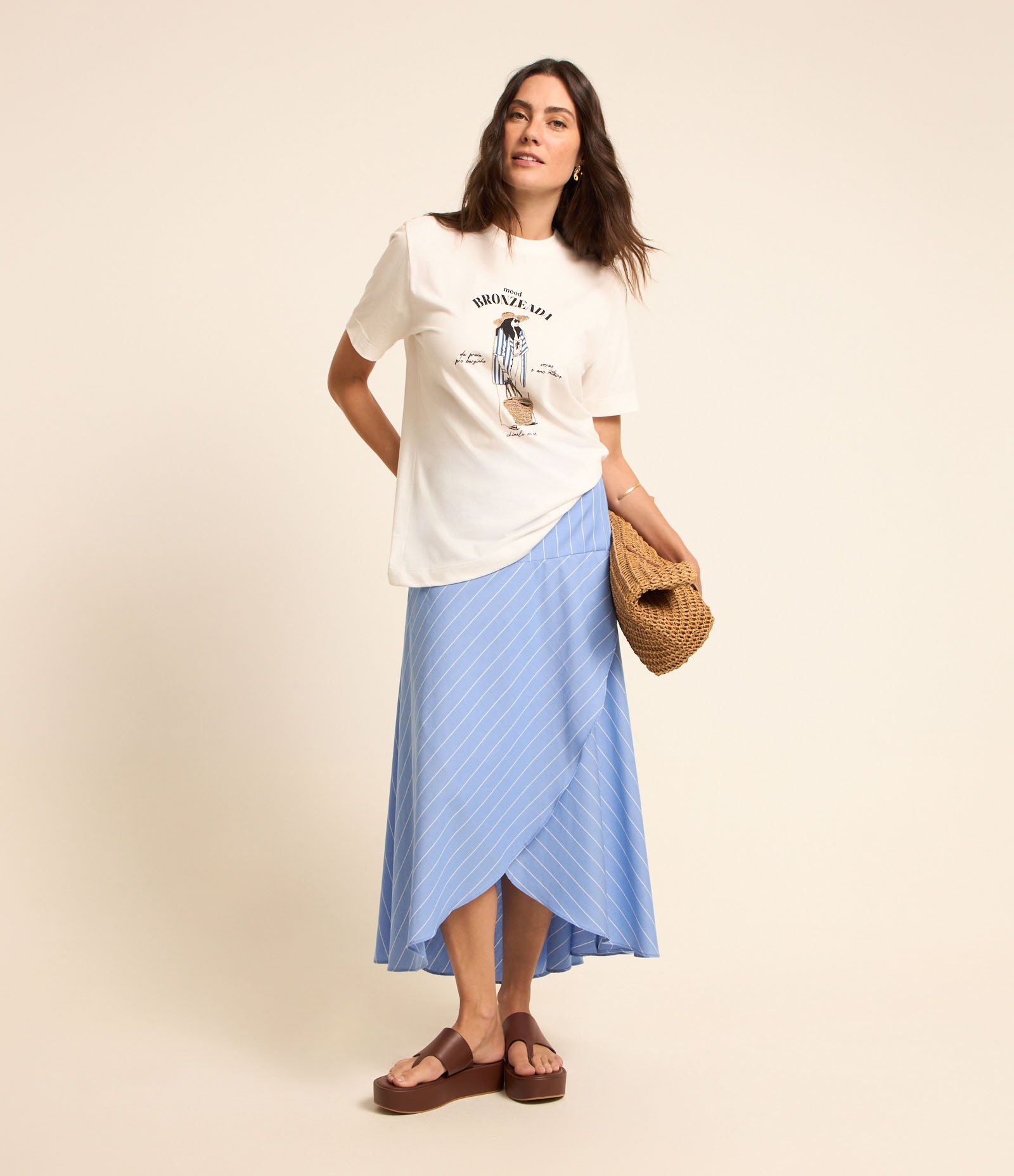 Saia Evasê Midi em Tricoline Listrado com Transpasse Tulipa Azul 1