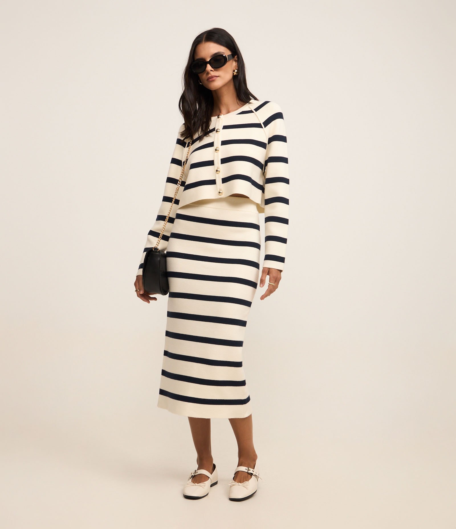 Cardigan em Tricô com Botões Metalizados e Estampa Listrada Branco/ Azul 2