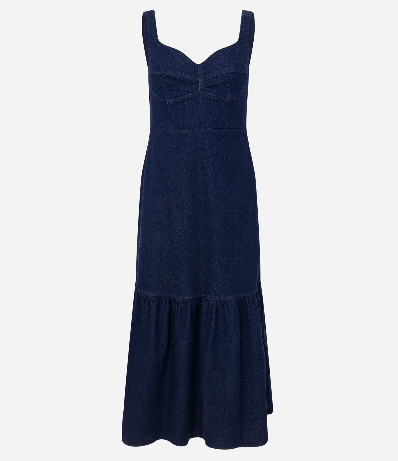 Vestido Longo Jeans com Babado na Barra e Lastex nas Costas Azul Escuro 6