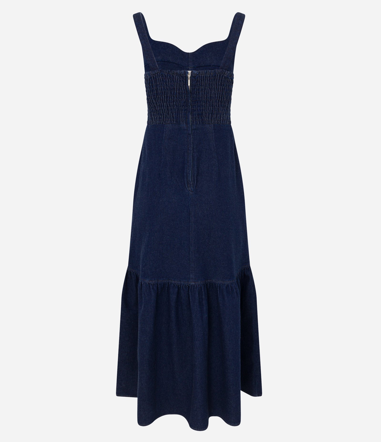 Vestido Longo Jeans com Babado na Barra e Lastex nas Costas Azul Escuro 7
