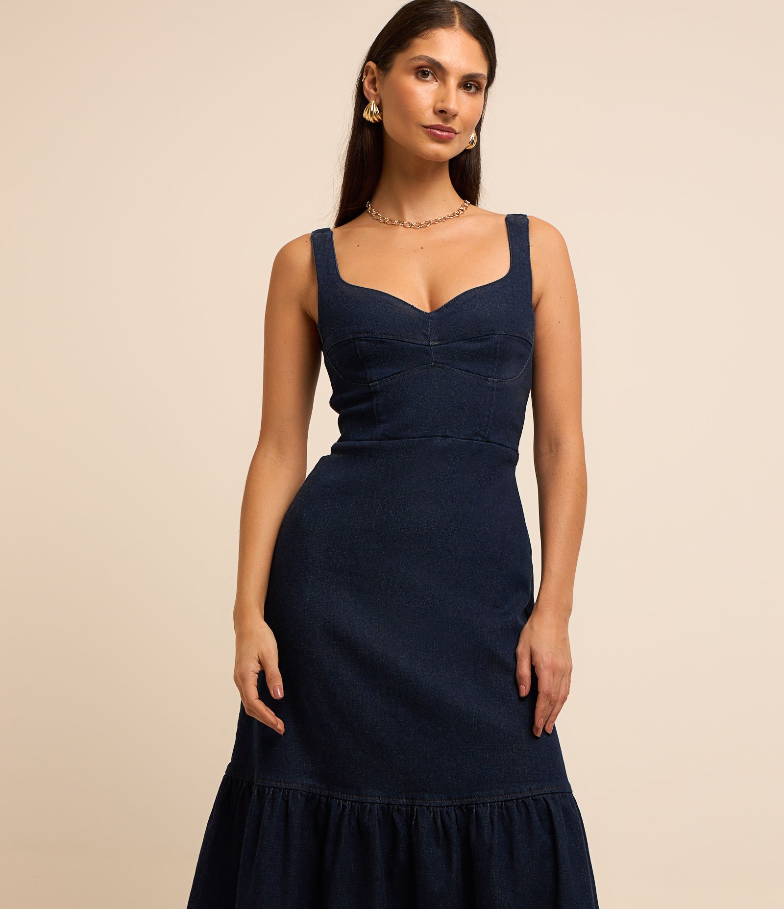 Vestido Longo Jeans com Babado na Barra e Lastex nas Costas Azul Escuro 3