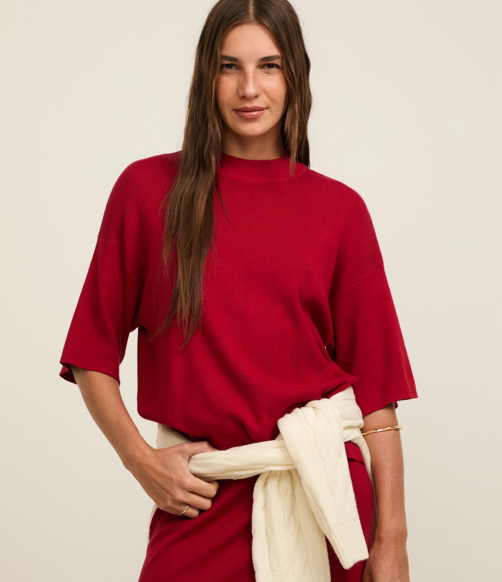 Blusa em Tricô com Cava Deslocada e Manga Ampla Vermelho 3