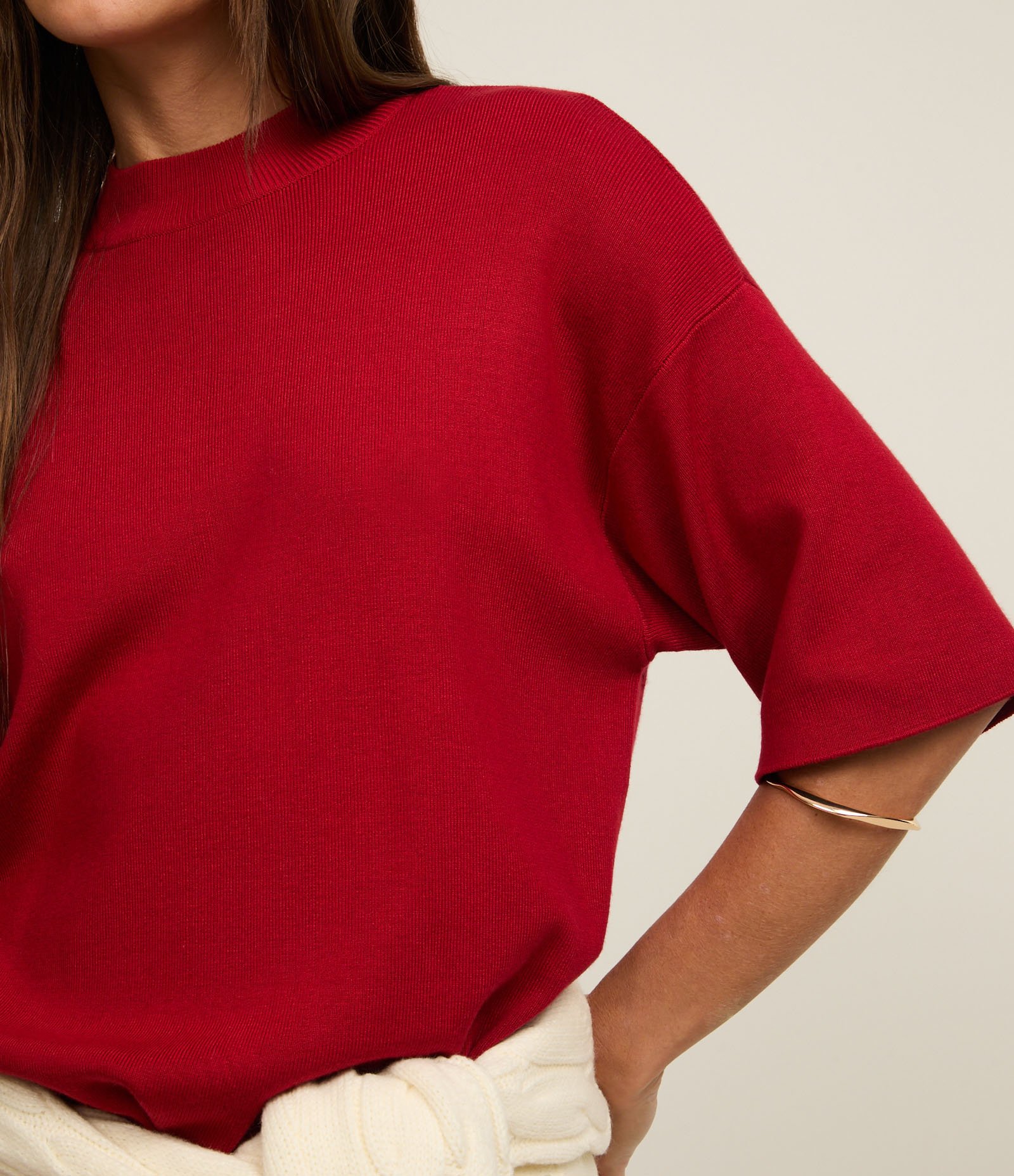 Blusa em Tricô com Cava Deslocada e Manga Ampla Vermelho 5