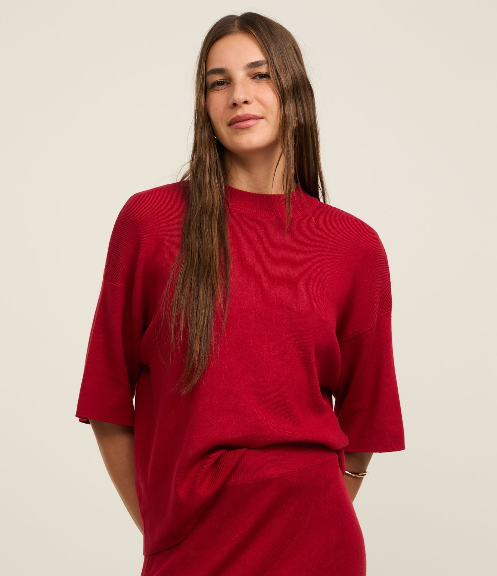 Blusa em Tricô com Cava Deslocada e Manga Ampla Vermelho 7