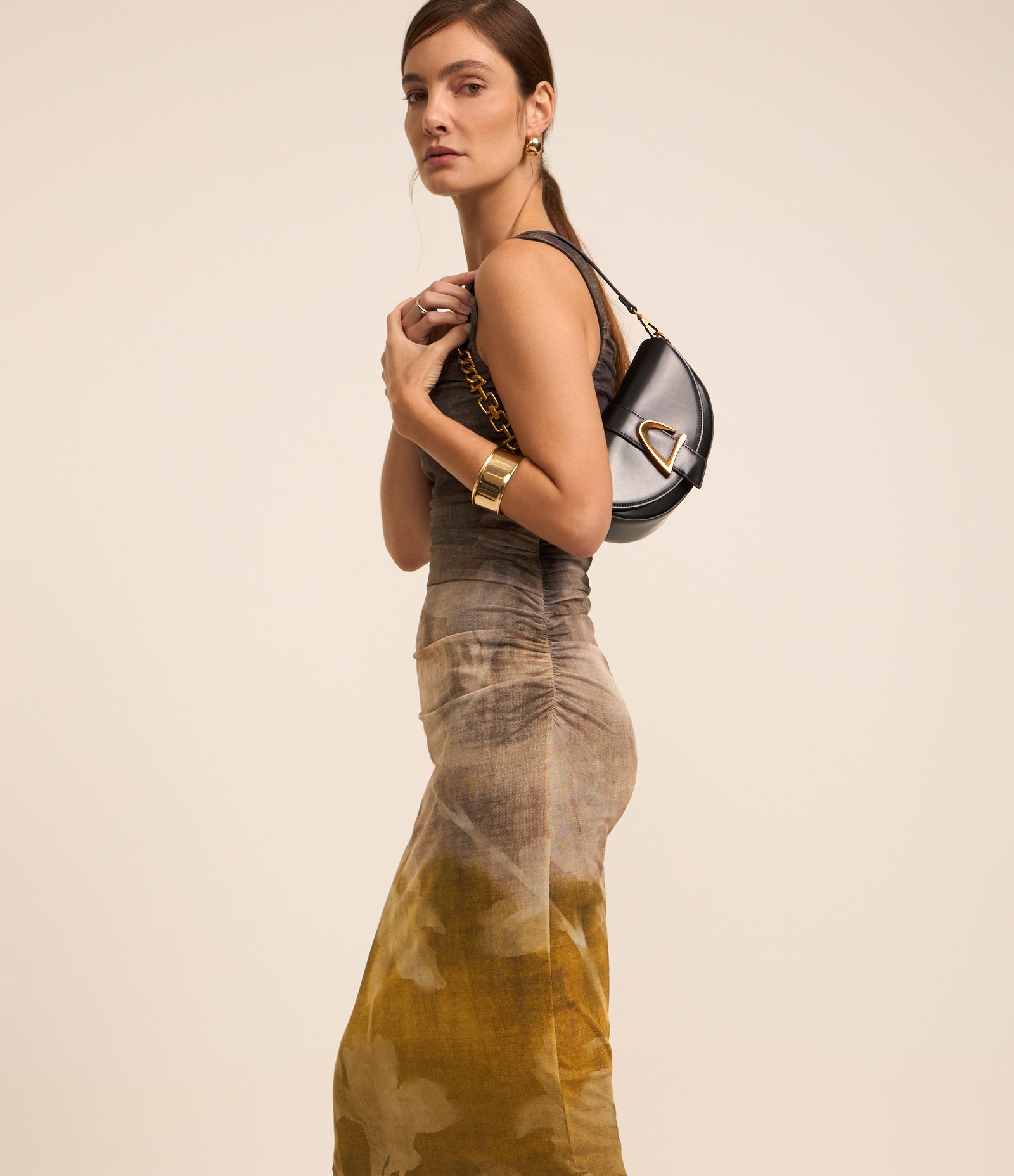 Vestido Midi em Tule com Estampa de Folhagem Cinza/Bege 3