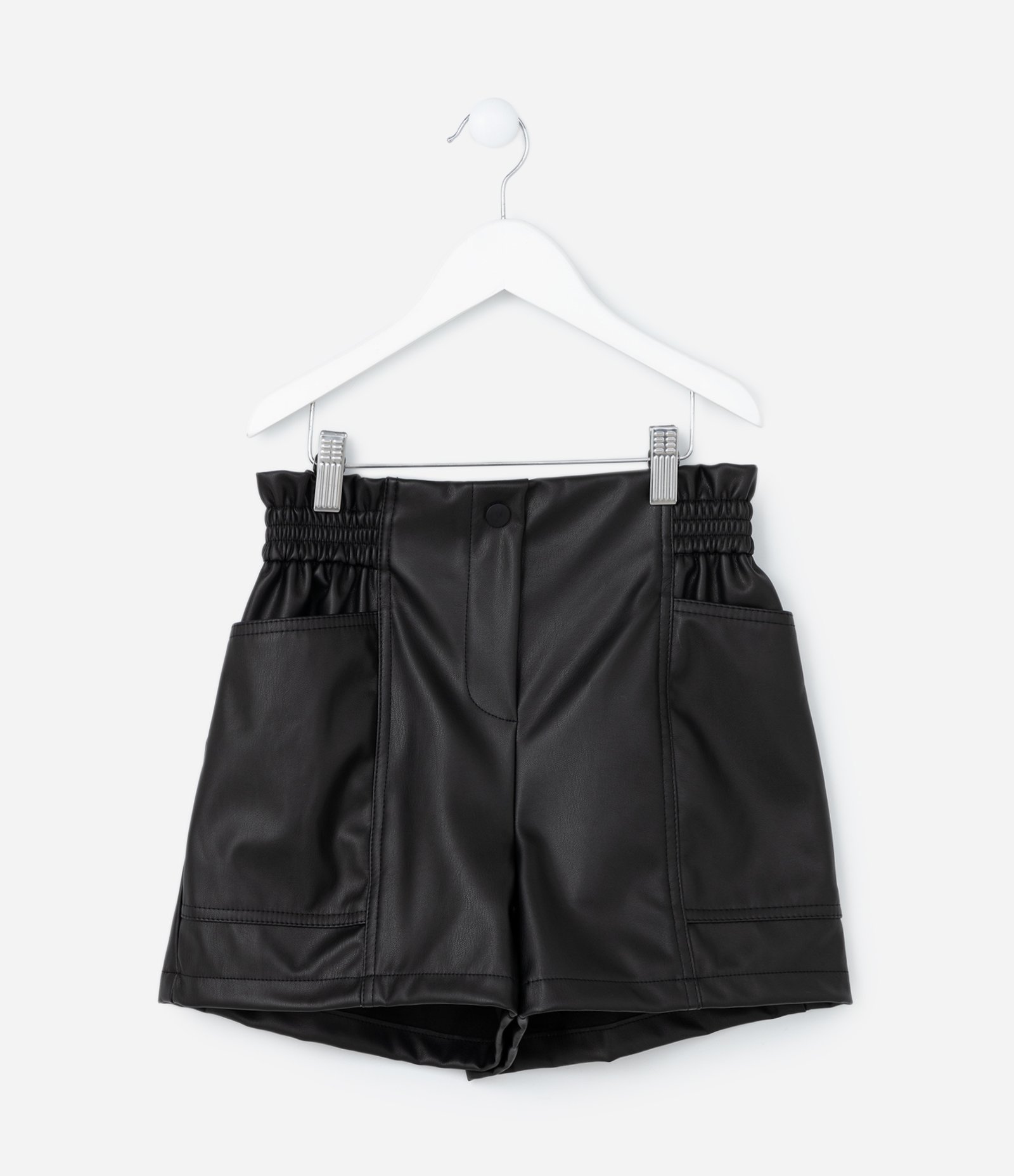 Short Clochard Infantil em Pu com Bolsos - Tam 5 a 14 Anos Preto 1