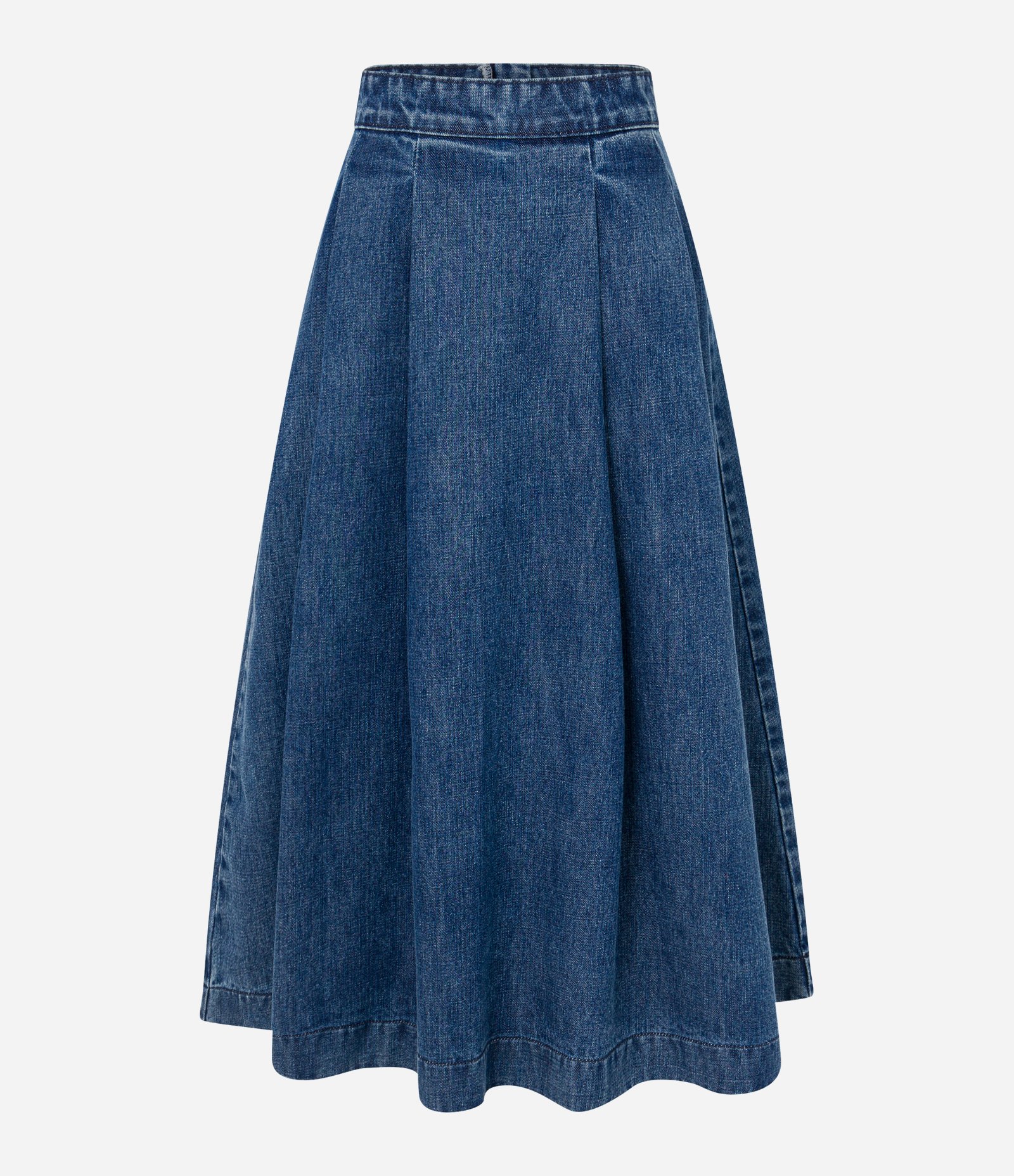 Saia Evasê Midi em Jeans Plissado Azul 5