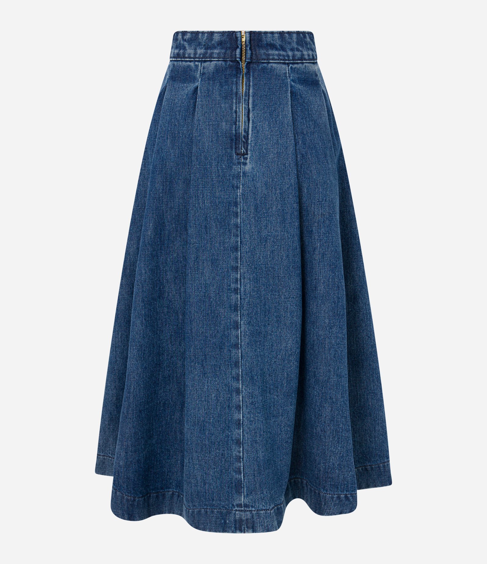 Saia Evasê Midi em Jeans Plissado Azul 6