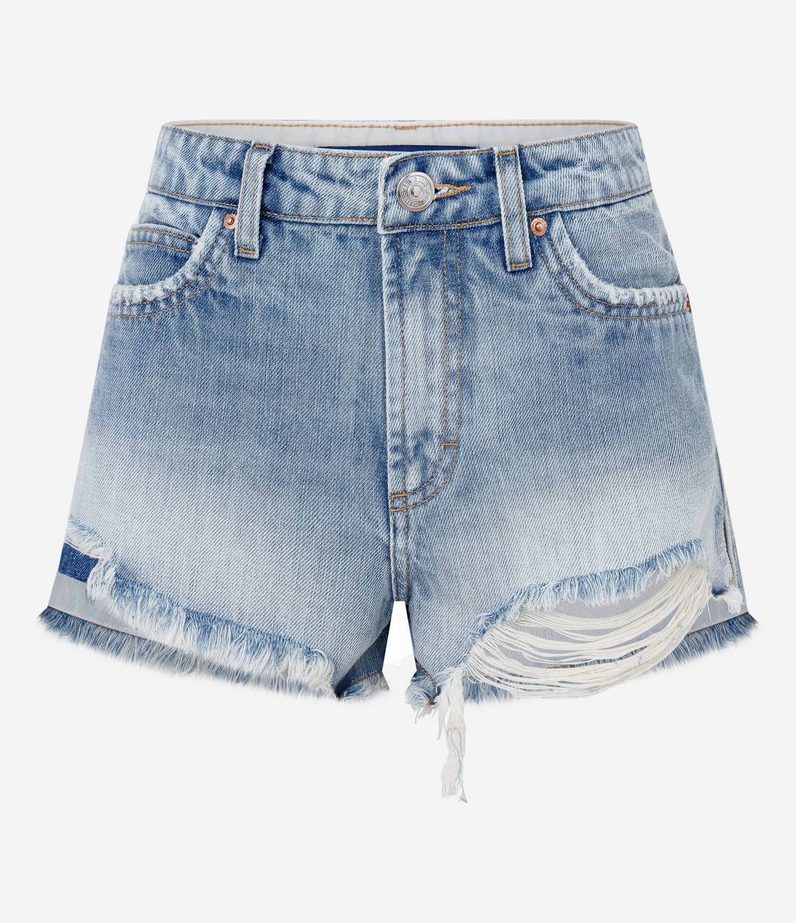 Short Curto em Jeans com Puídos e Barra de Franja Azul 5